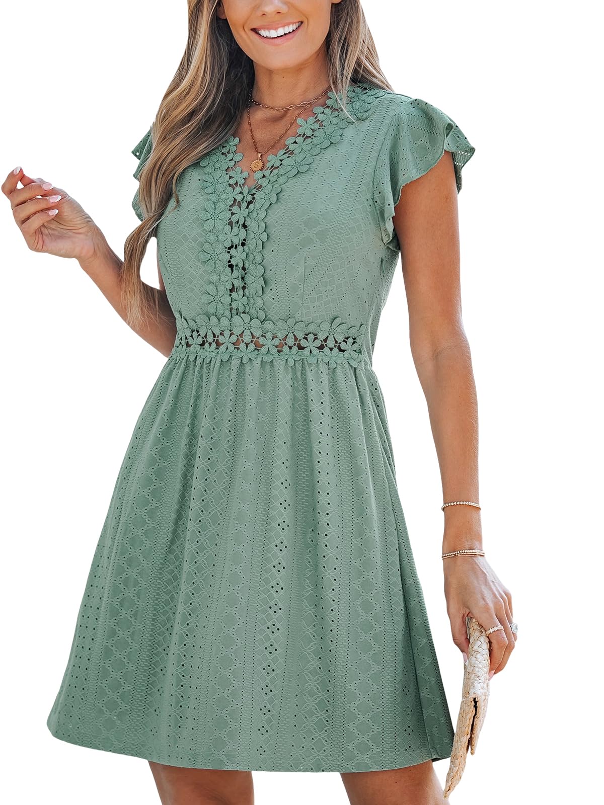 CUPSHE Women's Summer Dress Lace V-Neck Flutter Sleeve Dresses Hollow Out Casual Dresses Beach Mini Dress