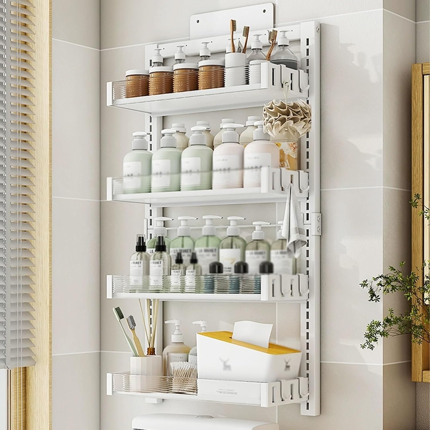 Bathroom Shelf Over Toilet Wall Mount, Toilet Shelf Rack Adjustable, Bathroom Storage Organizer No Drill with Hooks for Over Toilet Storage and Bathroom Shelf (Col