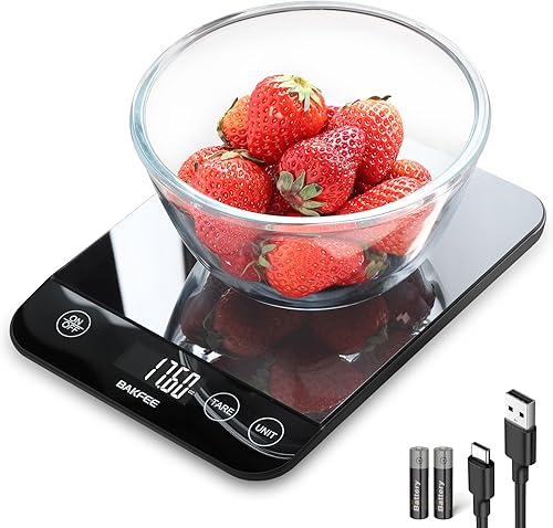 Báscula digital de cocina de 33 libras, báscula de alimentos recargable con vidrio templado, gramos y onzas, carga USB, 0.03 oz de alta precisión