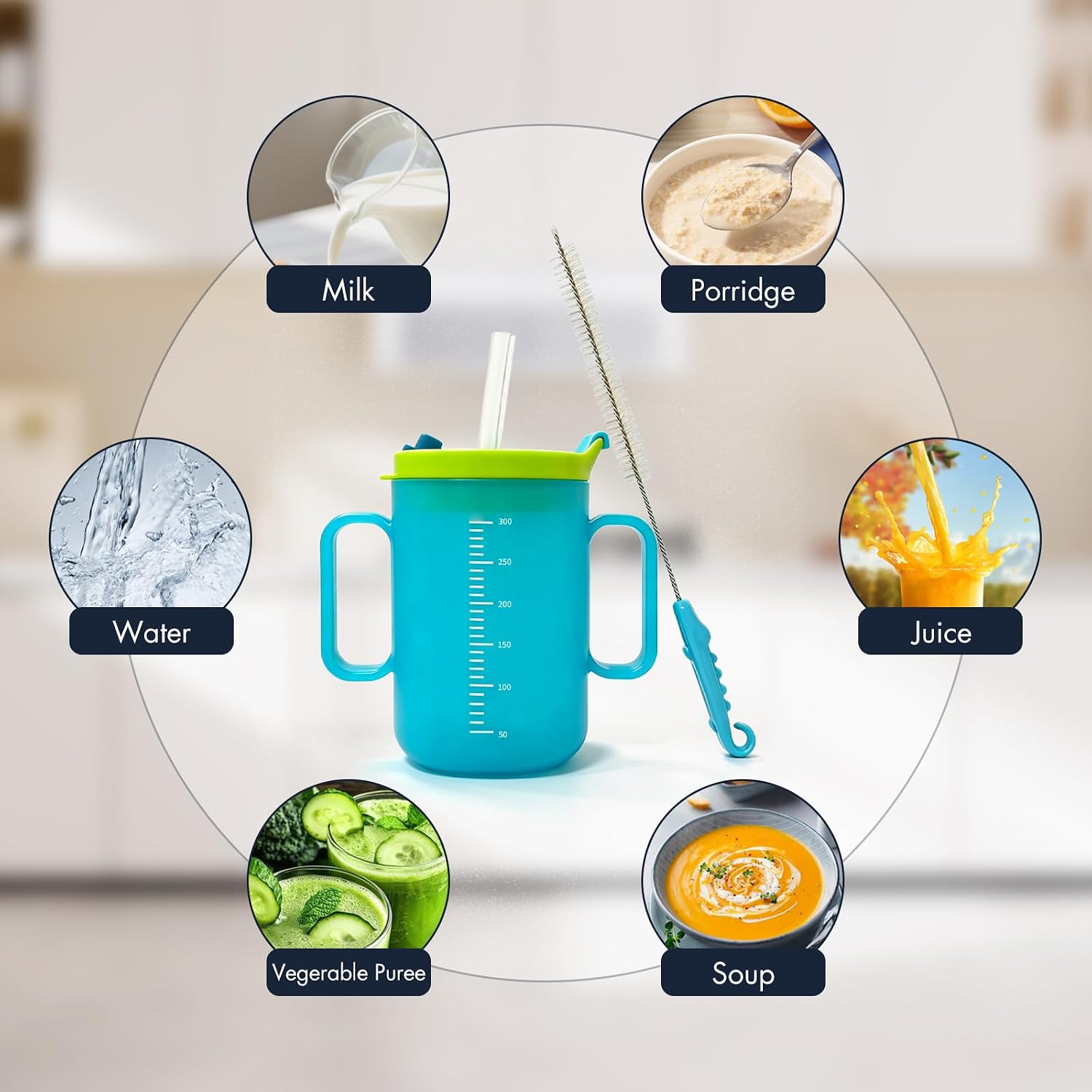 Adult Sippy Cup For Elderly Spill Proof With Straw And Handles (Blue)