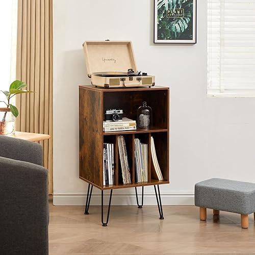Miniatura 36 de Soporte grande para tocadiscos con almacenamiento de vinilo, mesa de tocadiscos retro marrón con alimentación y puerto USB, capacidad para hasta 200
