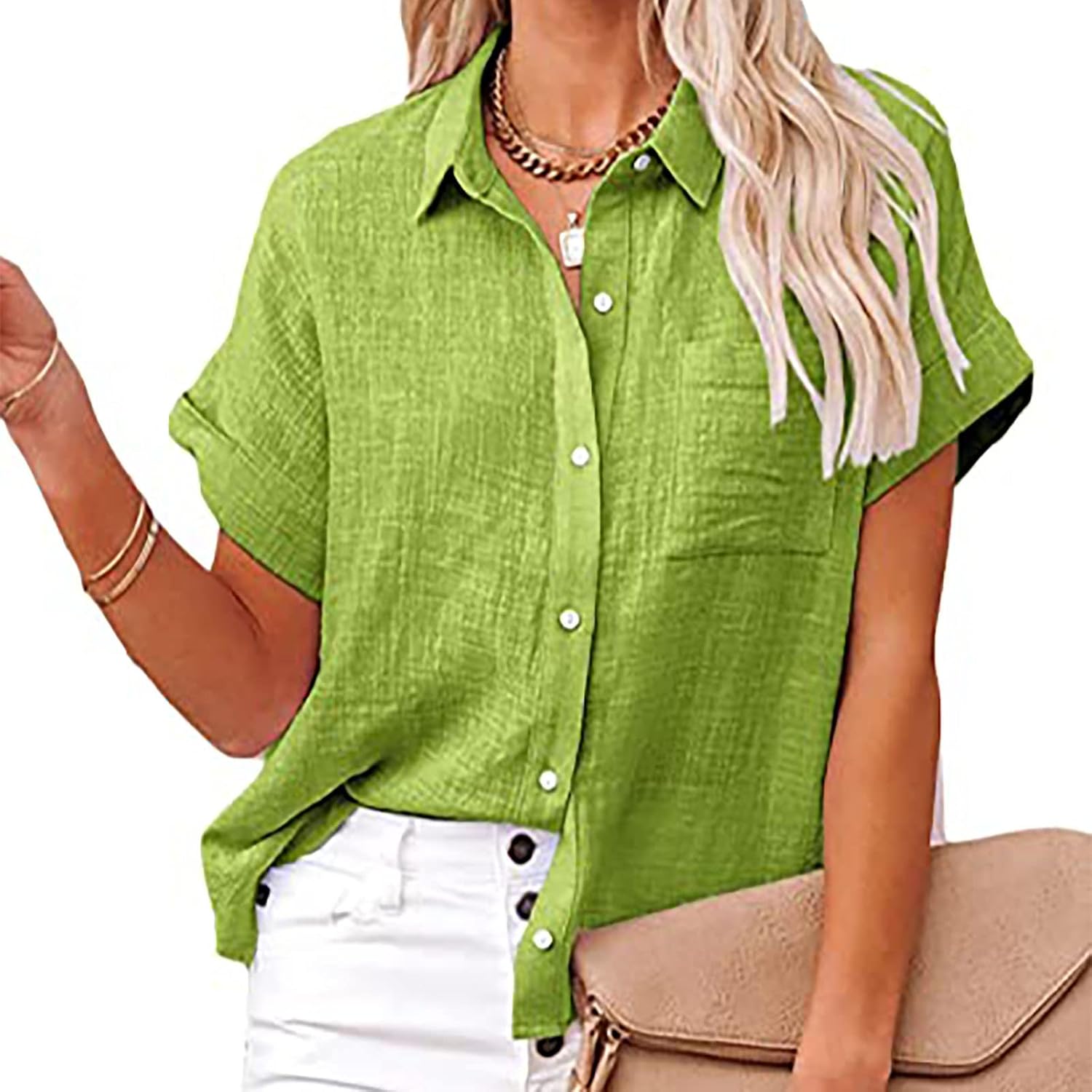 Womens Cotton Linen Button Down Shirts Roll Up Short Sleeve Blouse Causal V Neck Shirt Summer Pocket Blouses Tops