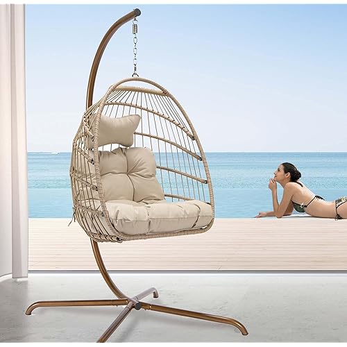NICESOUL Hanging Egg Chair with Stand Indoor Outdoor, Comfy Patio Rattan Swing Hammock Chairs with Cushion, 350lbs Capacity Egg Shaped Chair for Lawn Backyard Balcony Bedroom, Birthday Gift, Beige