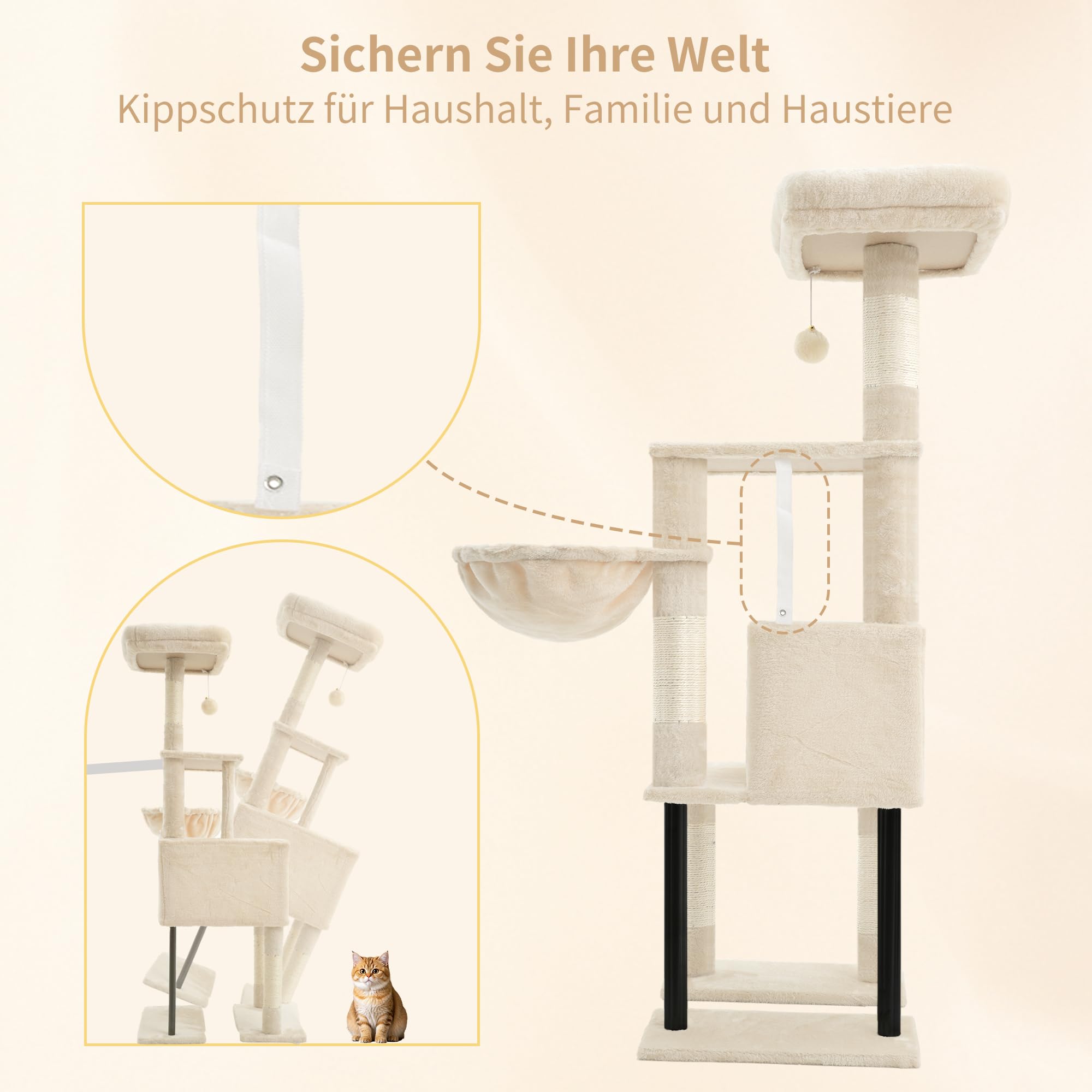 Heybly Kratzbaum, 125 cm Kleiner Katzenbaum, Geräumiges und Bequemes Kratzbaum mit Höhle, Oben Sitzstange, Sprungplattform, Kratzsäule, Korb, Stabile Metallrohre, Beige HCT200SM