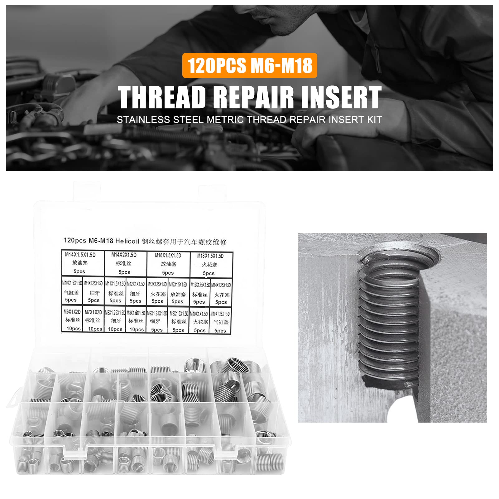 120 piezas Helicoils, M6 M7 M8 M9 M10 M11 M12 M14 M16 M18 Helicoil de acero inoxidable Tipo Free Running Wire Thread Kit de inserción de reparación de rosca métrica