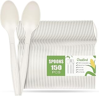 Gezond 150 Count Compostable Spoons White Heavyweight Spoons Disposable Utensils Biodegradable Cutlery Set for Home Party