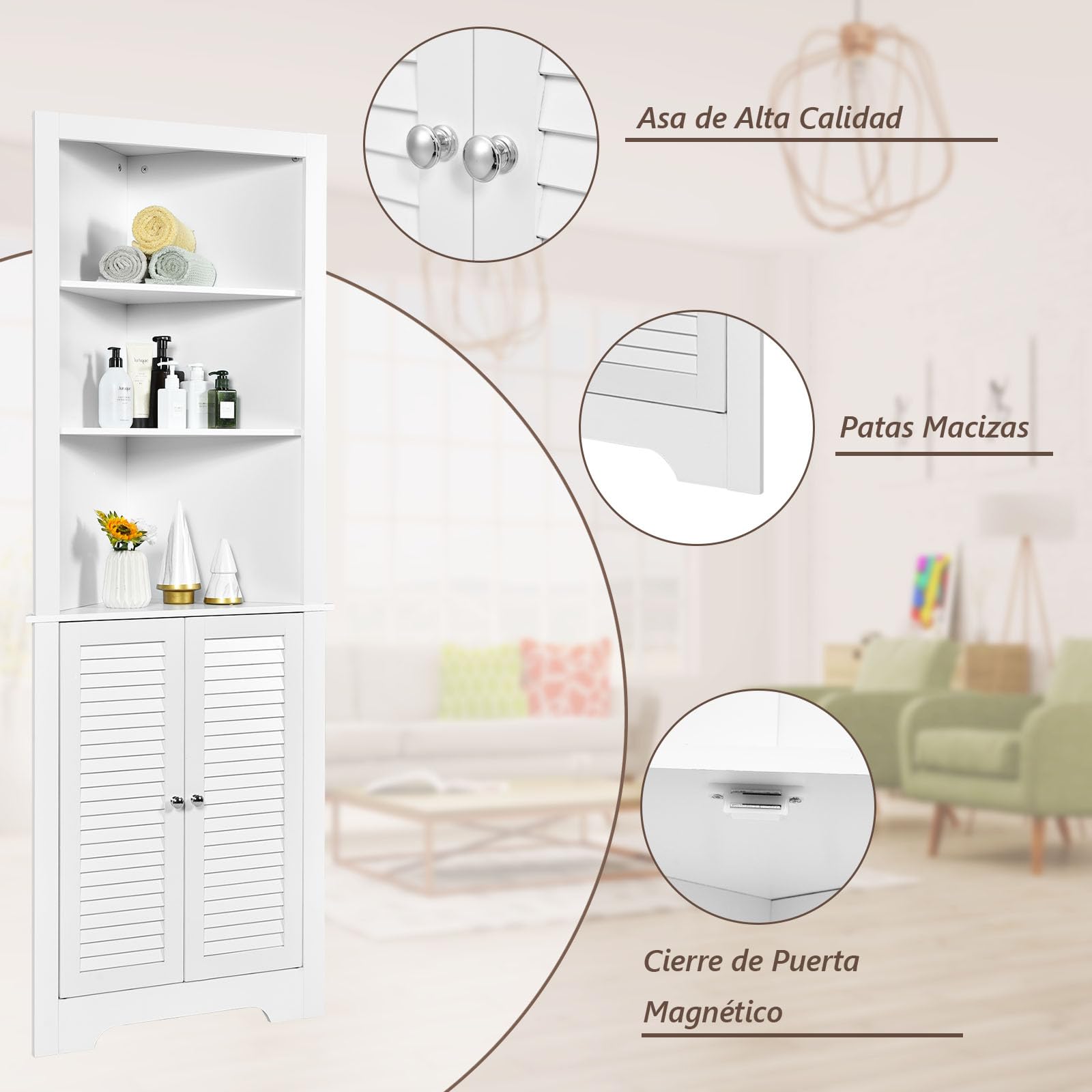 COSTWAY Armario Esquinero Alto de Baño, Mueble de Baño Triangular con 3 Estantes Abiertos y 2 Puertas, Organizador de Pie de Almacenaje para Dormitorio, Salon, 60 x 44,5 x 173 cm