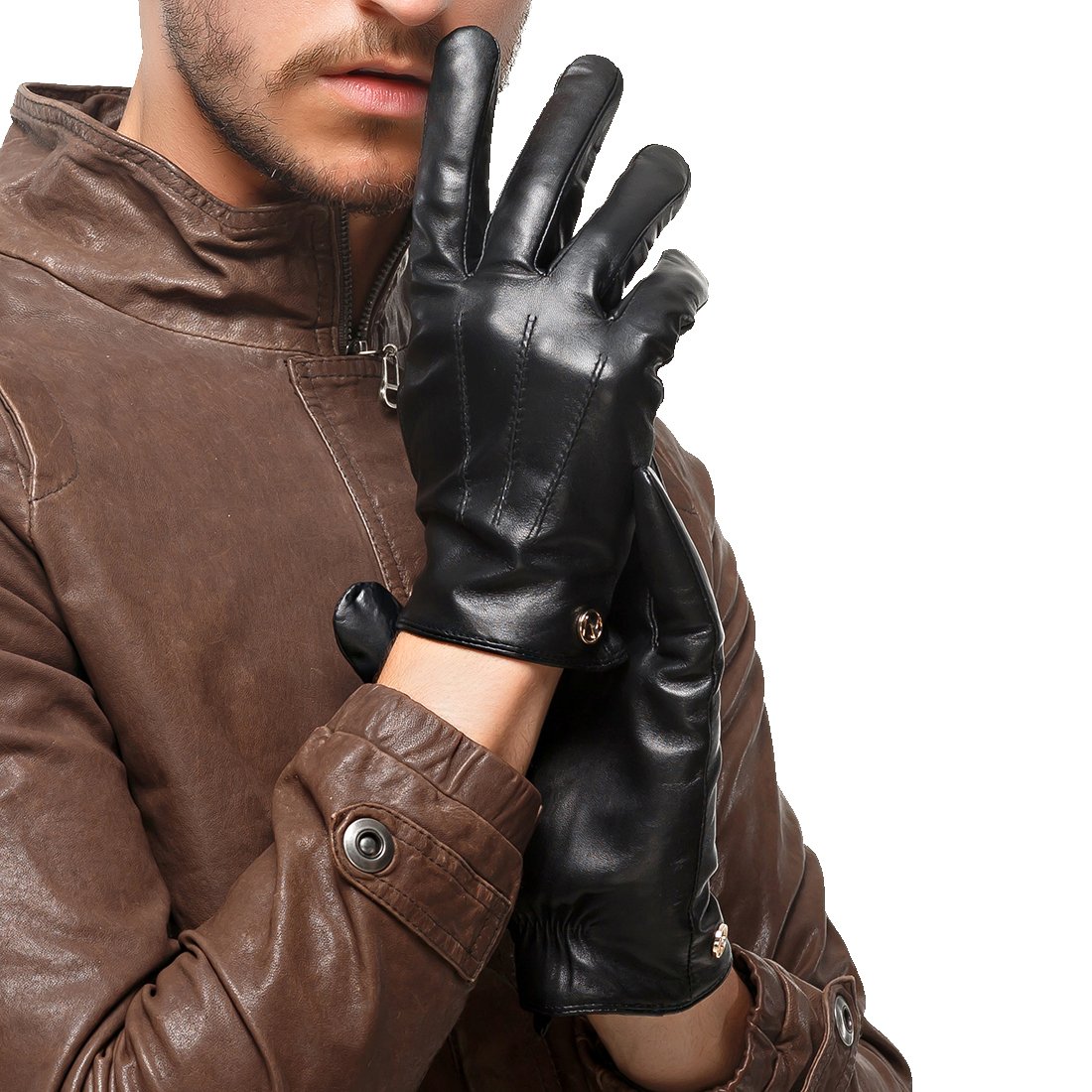 Nappaglo Men's Classic Lambskin Leather Gloves Touchscreen Winter Warm Driving Mittens with Long Fleece Lining (L (Palm Girth:8.5