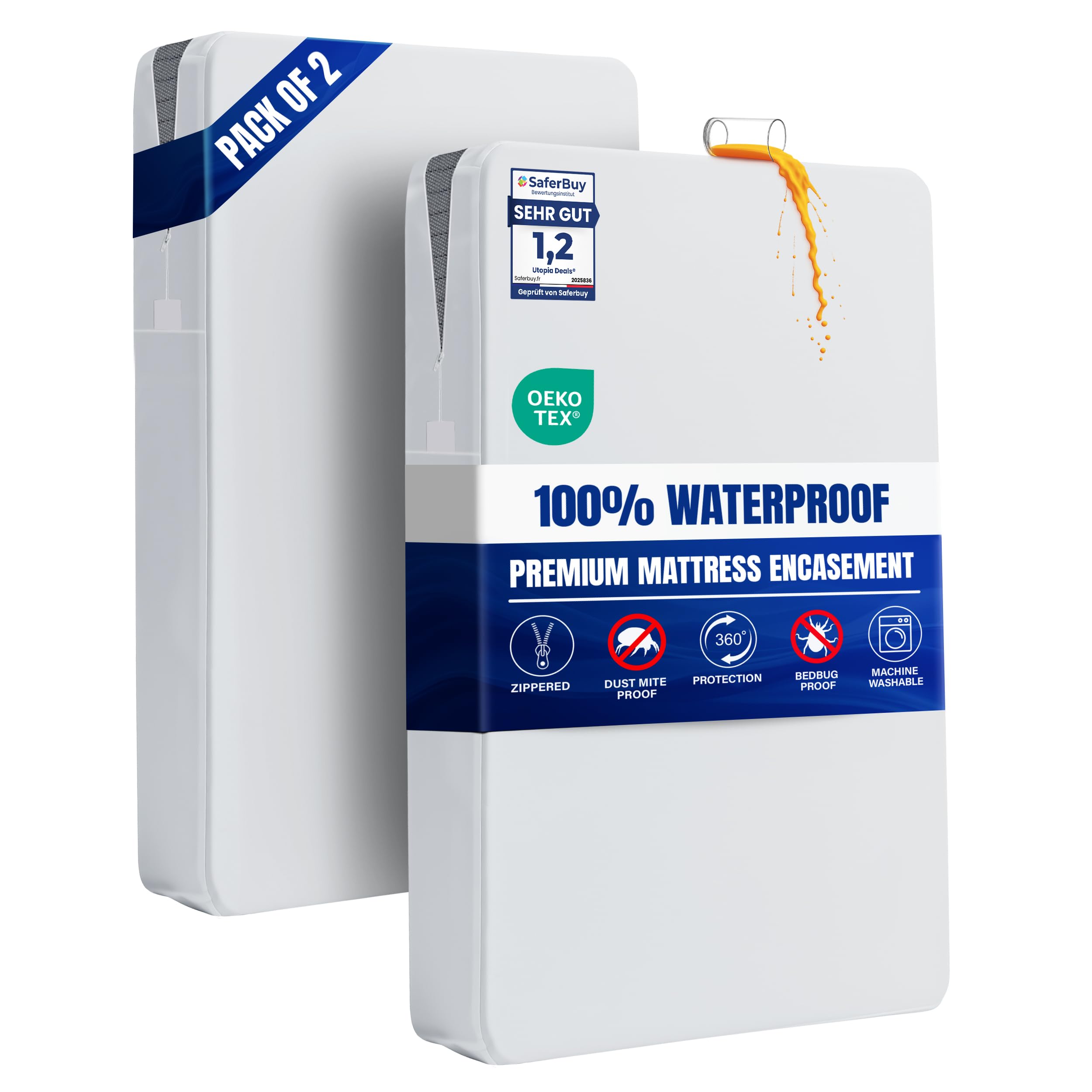 Premium Waterproof Mattress Encasement Double Bed (135 x 190 x 30 cm) Pack of 2, Zippered Mattress Protector, Bed Bug and Dust Mite Proof Mattress Cover, White