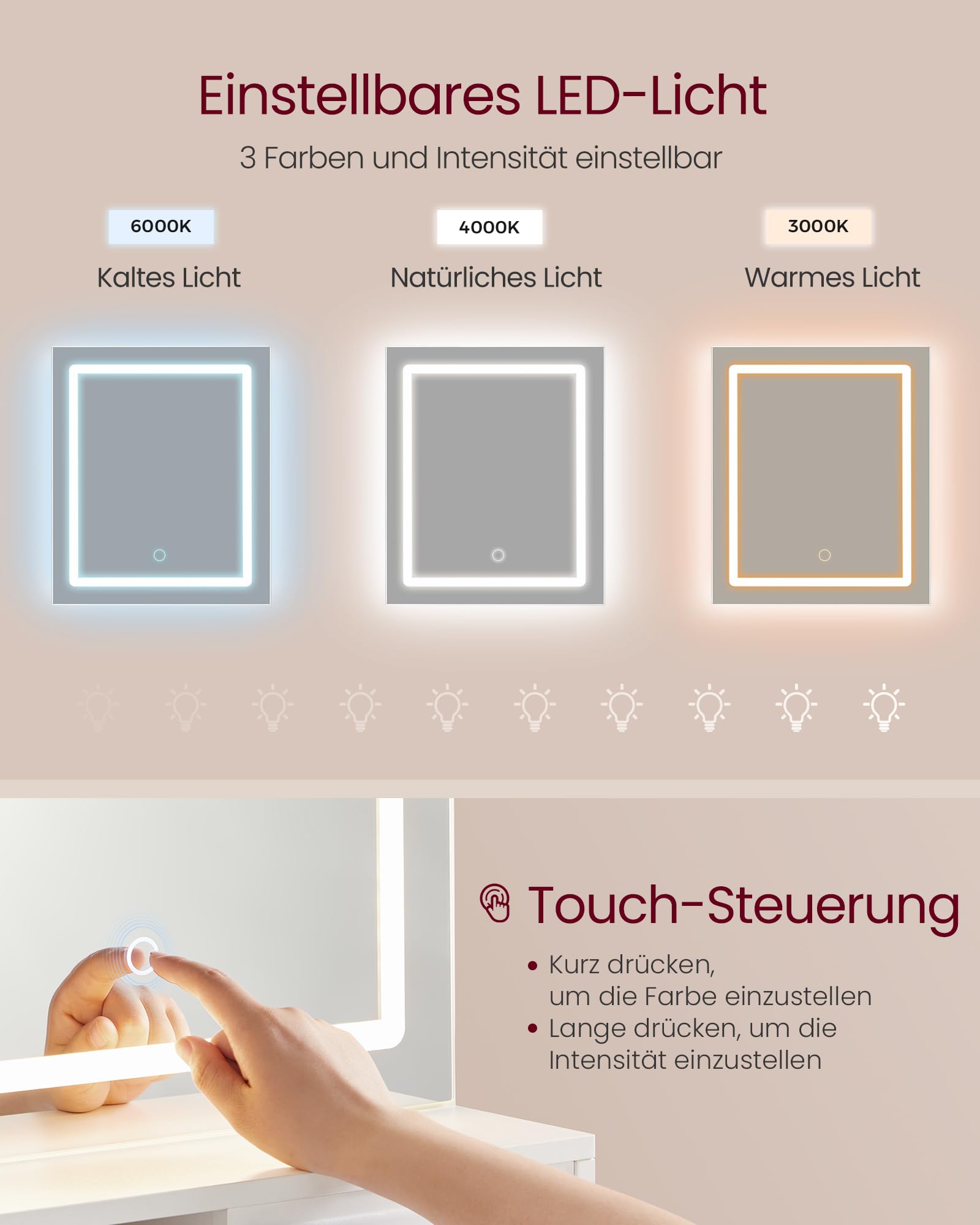 VASAGLE Kailyn Kollektion - Schminktisch, Frisiertisch mit LED-Spiegel und Steckdosenleiste, Kosmetiktisch, Schublade und offene Ablagen, Schrank mit 2 verstellbaren Ablagen, weiß RDT138W01
