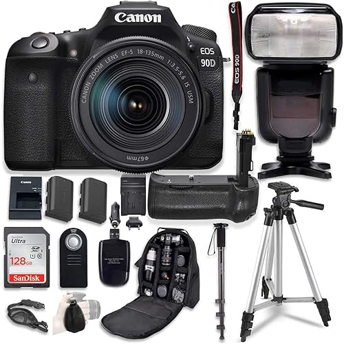 Canon EOS 90D Digital SLR Camera with Canon 18-135mm USM Lens Bundle + Battery Grip & Professional Accessory Bundle (16 Items) (Renewed)
