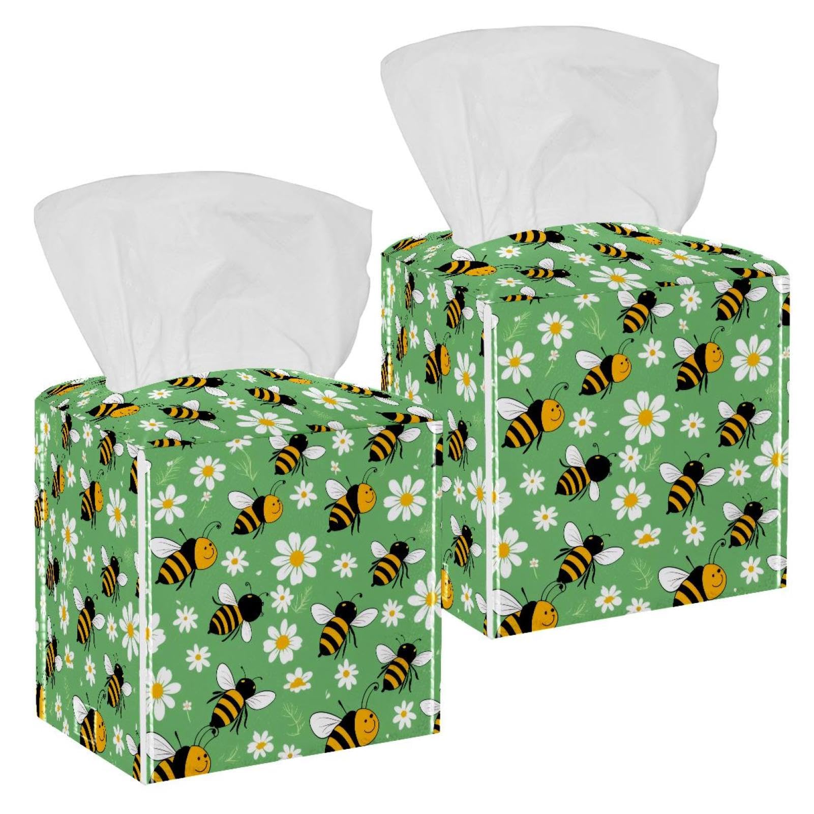 Bees Daisies Tissue Box Cover, 2 Pack PU Leather Square Facial Tissue Dispenser Box holder for Home Office Car