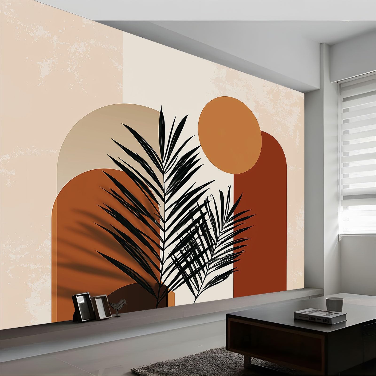 Panoramiczna tapeta 200 x 140 cm geometria rośliny liście palmowe włóknina XXL fototapeta dekoracja ścienna gobelin salon sypialnia - tapeta Trompe l'eil efekt 3D, terakota