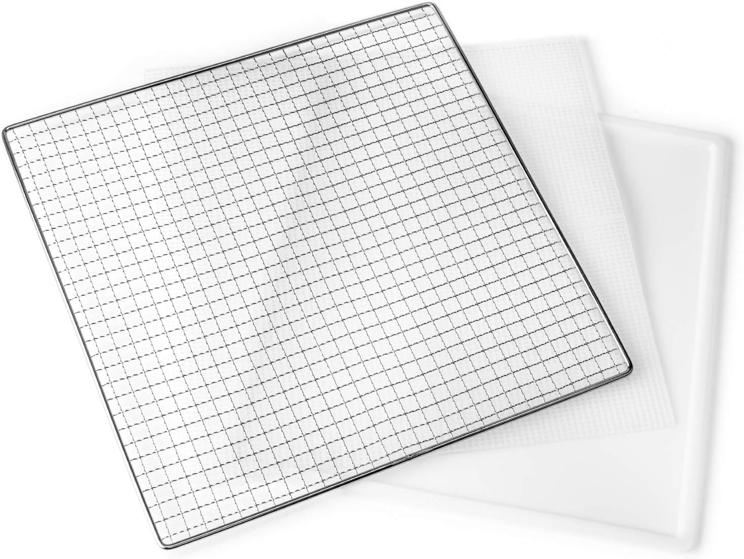 Close-up of dehydrator tray, mat, and grid