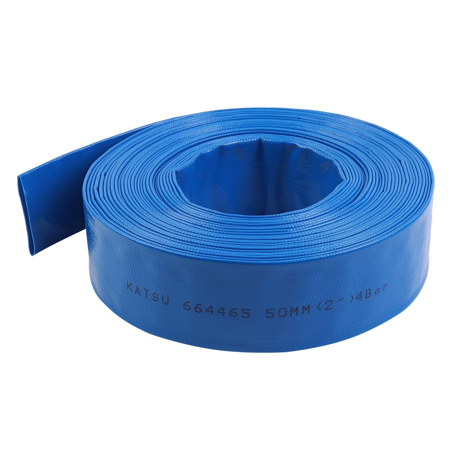 KATSU Manguera Plana para Descarga de Agua 20 m x 50 mm, con 2 Clips y Conector, Se Adapta a Bombas de Agua Sumergibles y Otras para Drenar Estanques, Riego de Jardines, Piscinas, Azul 664465