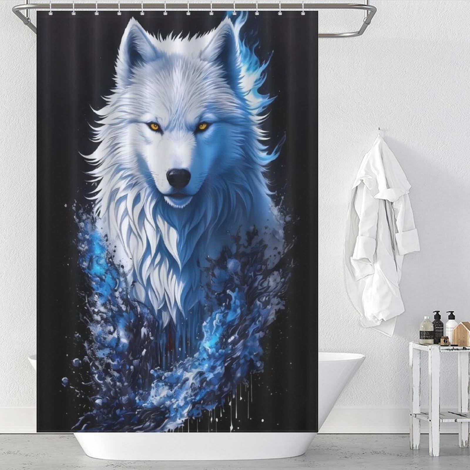 Rideau de douche loup blanc anti éclaboussures, taille 122 x 183 cm lavable