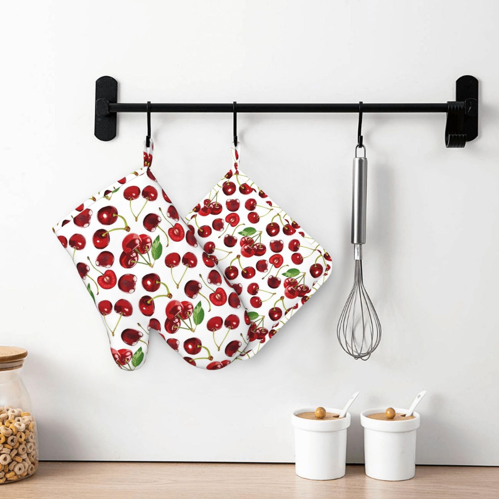 Juego de 4 manoplas de horno y soportes para ollas de silicona con patrón de frutas de cereza, guantes de cocina, soportes para ollas, antideslizantes, resistentes al calor, juego de guantes