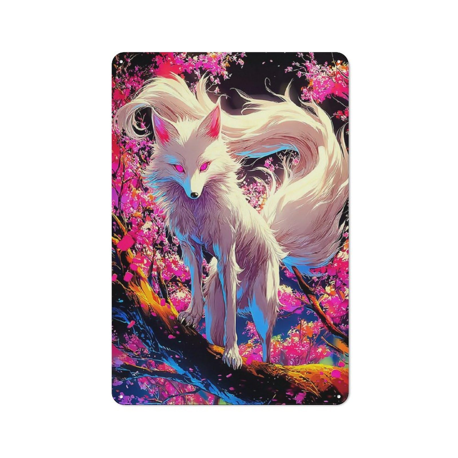Junmoney Magical Fox In Blossom Forest Character Decorative Tin Plaque 30X20cm Featuring Small Space Decor For Bedroom, Kitchen, Office Or Living Room