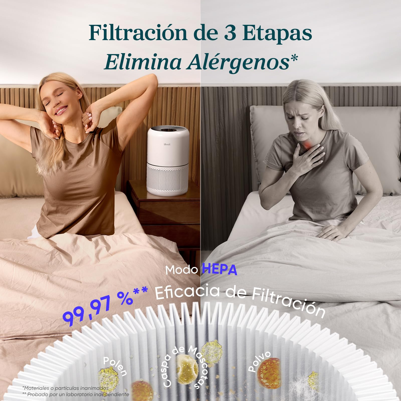 LEVOIT Purificador de Aire con Filtro Hepa, Purificador Aire Hogar para Alergias, Flitros Personalizados Elimina 99,97% del Polen, Polvo, Olores de Mascotas, Modo Sueño y Temporizador