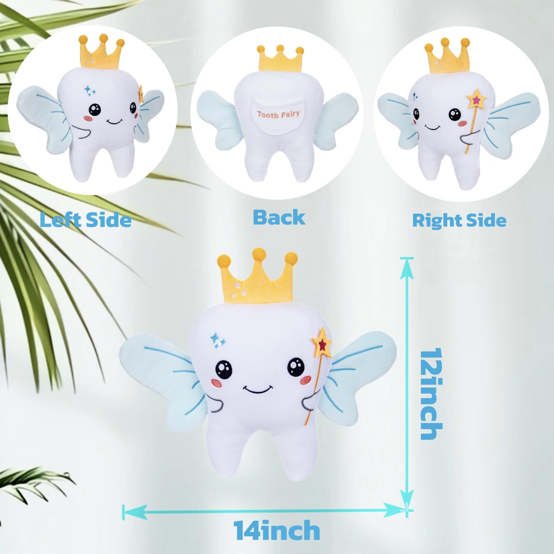 Tooth Fairy Plush Holder Gift – 12 Inch Big Tooth Pillow Crown Blue Wings Star Wand Kids' Tooth Fairy Gift for Boys Girls with Pocket