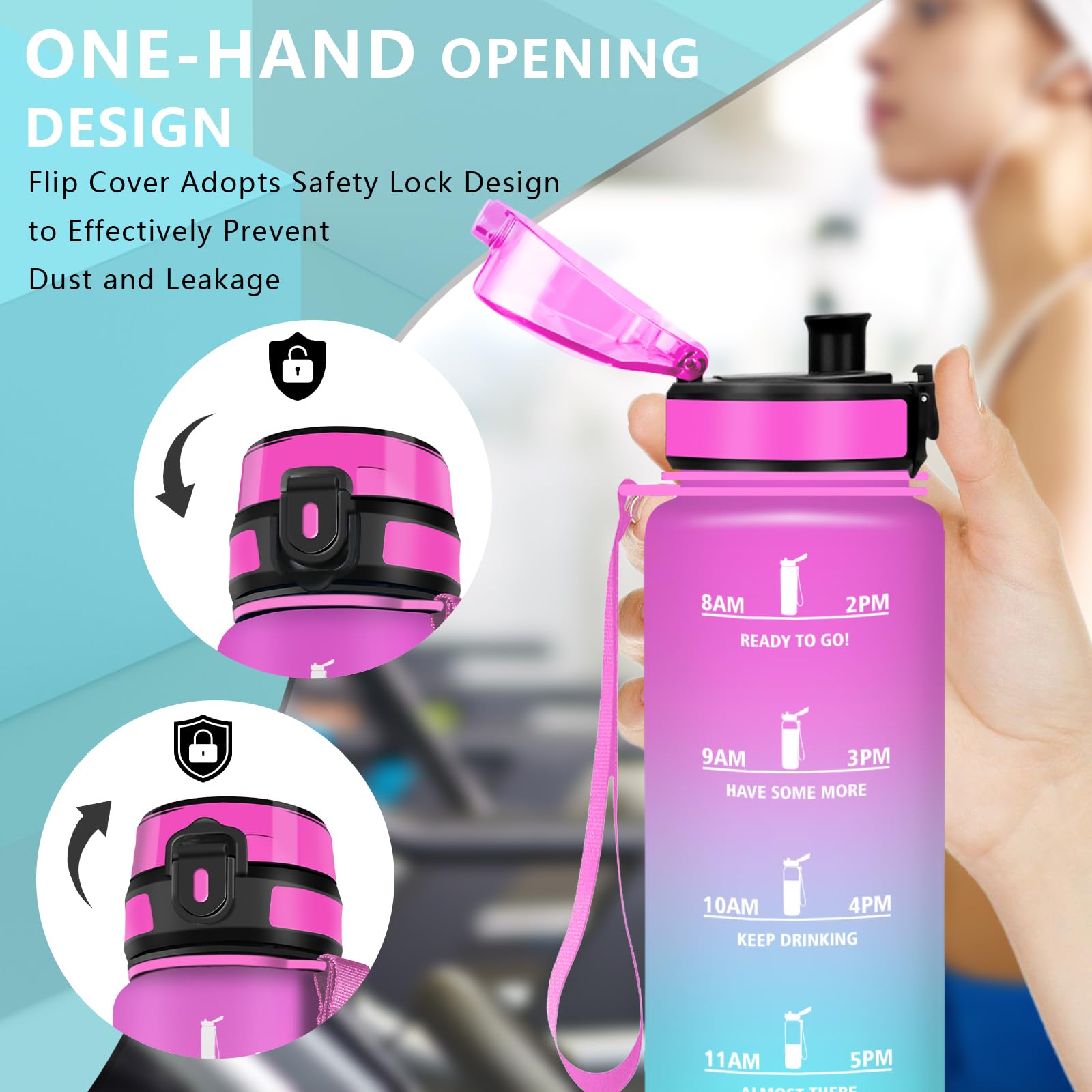 Botella Agua- 1 litro- Botella Agua Gimnasio, A Prueba de Fugas, Cantimplora con Filtro, Water Bottle con Eslogan Motivador, con Cepillo de Esponja, Cantimplora para la Yoga, Oficina, Triatlón - 3