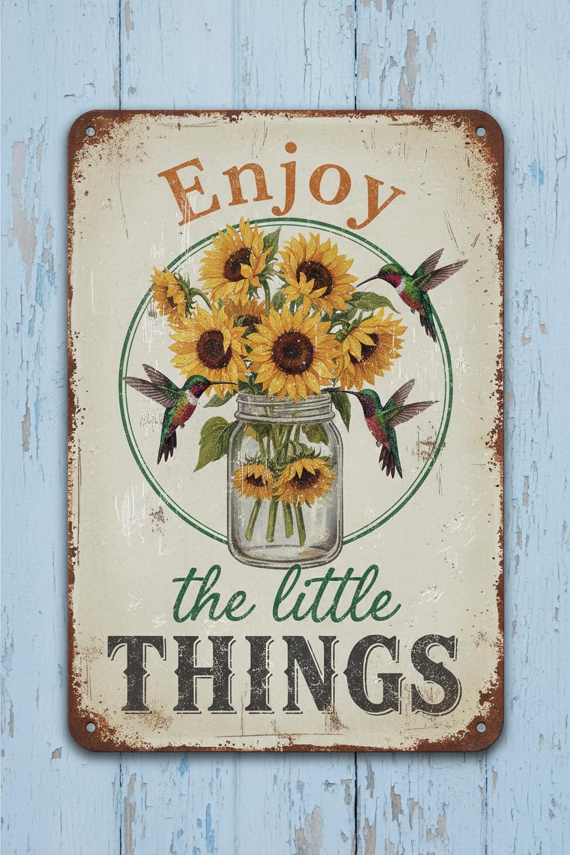 Sunflower Hummingbird Enjoy Little Things Tin Sign, 8x12 Inch
