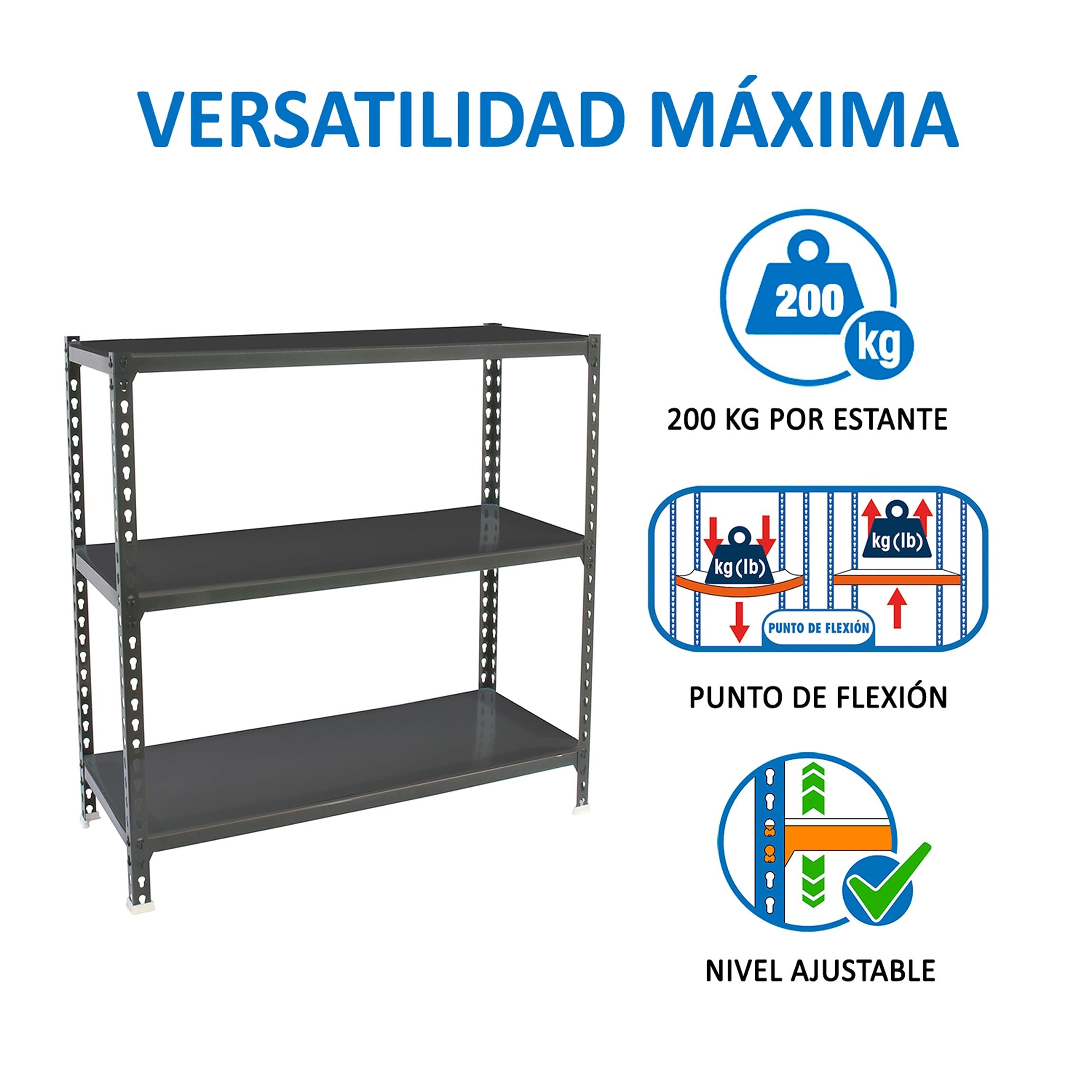 Simon Rack Estantería Metálica 900x1200x500 mm - Simonclick | 3 Alturas, Bandeja Metal, 200 kg de Punto Flexión, Antracita, Pintura anticorrosión, Montaje sistema clic