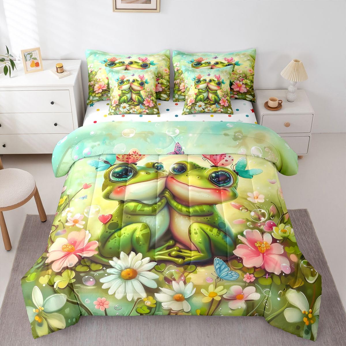 Frog Couple Comforter Set King Size 7 Pcs,Happy Valentine's Day Bedding Set for Woman Girls Teens Bedroom Decor,Cartoon Butterfly Animals Bed in a Bag with Comforter,Sheets and Pillow Cases