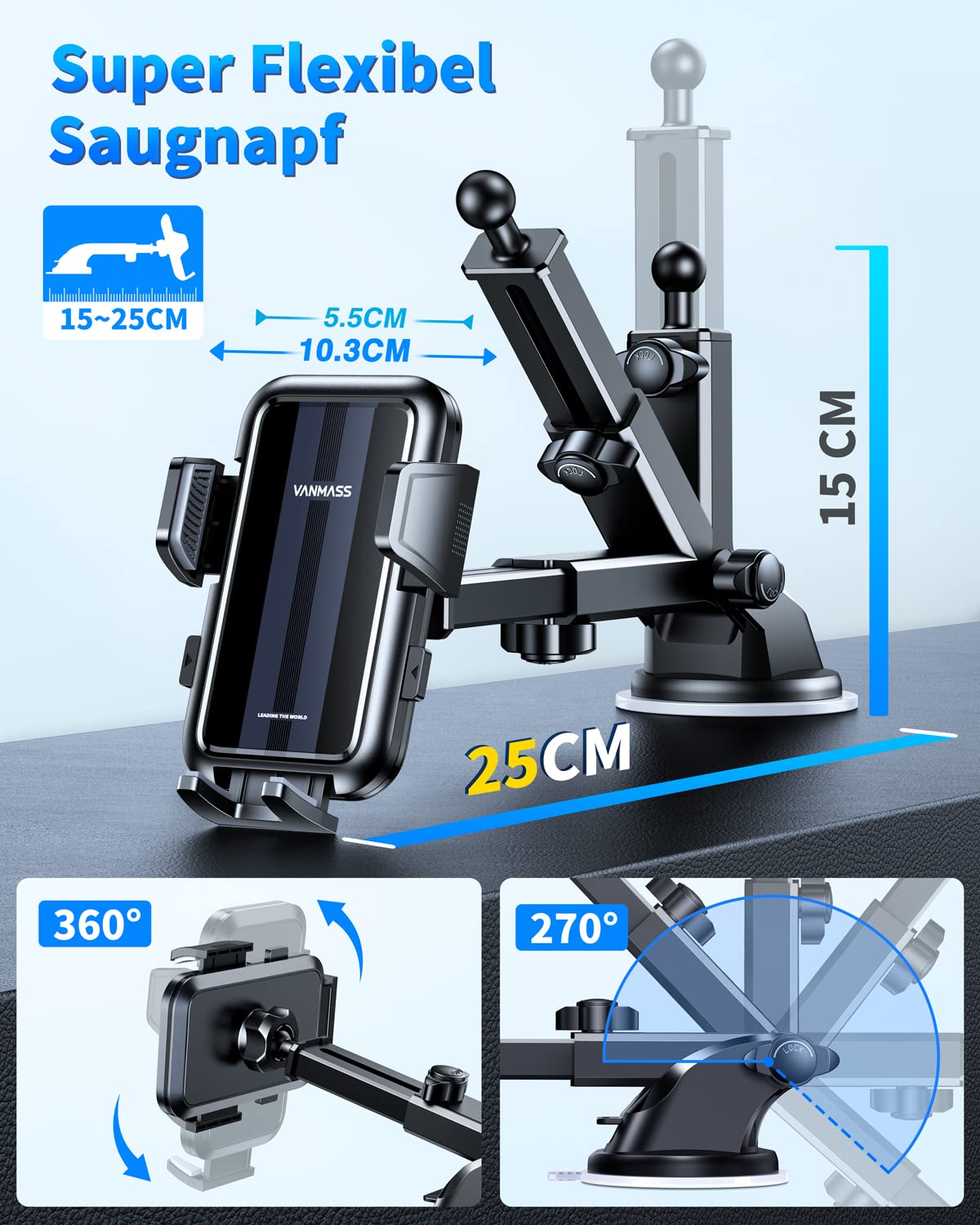 VANMASS 2026【True Militär-Klasse】Handyhalterung Auto【Stärkste Saugnapf & Lüftungsclip 】4 in 1 Handy Halterung Auto Handyhalter 360° drehbar Autohalter für iPhone 17 Pro Max/17 Air/16/15/14 Samsung S25