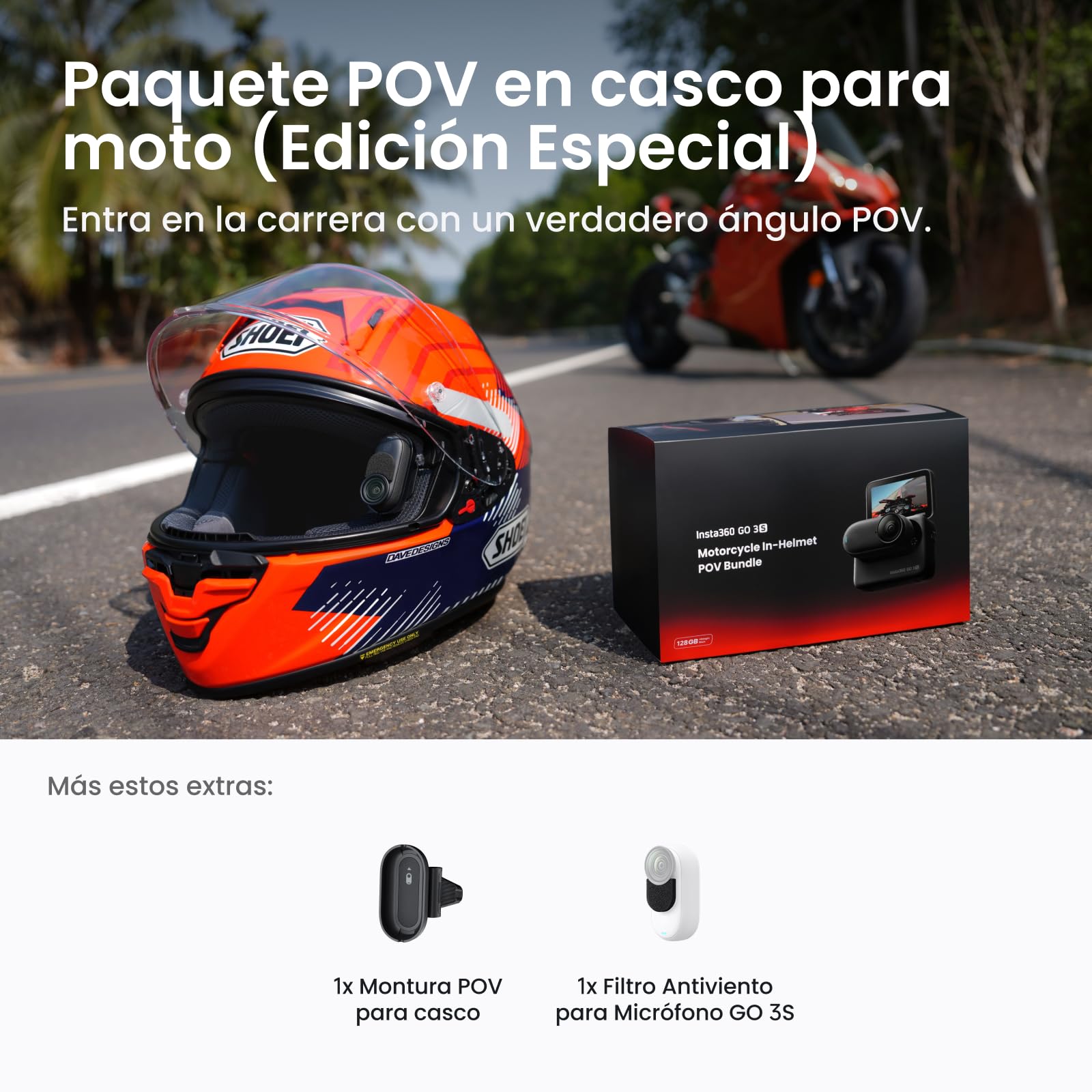 Insta360 GO 3S Paquete POV en Casco para Moto (Edición Especial) - Cámara Vlogging 4K, Manos Libres, cámara POV, 140 Min de batería, Impermeable 10 M, cámara de acción para Deportes, Moto
