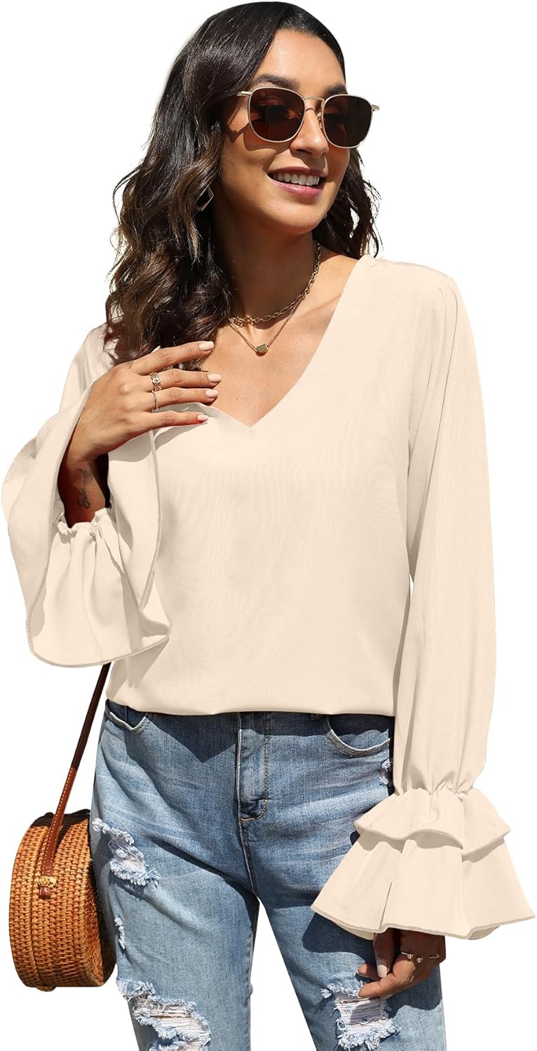 LYANER Women's Casual V Neck Tiered Ruffle Bell Long Sleeve Blouse Shirt Tunic Top - Image 5