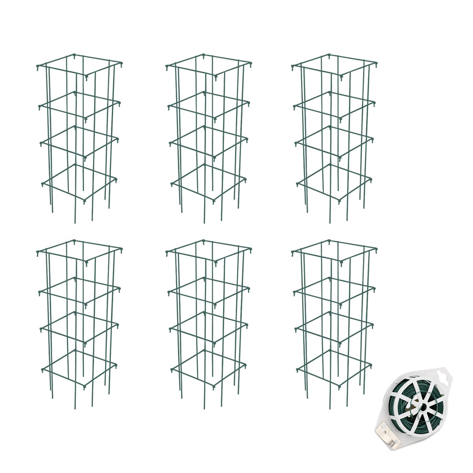CEED4U 6 Packs 39 Inches Square Tomato Cages Tomato Trellis Plant Support Folding Plant Cage with 328 Feet Twist Ties, for Tomato Plants, Climbing Plants, Vegetables, Flowers, Fruits, Vine