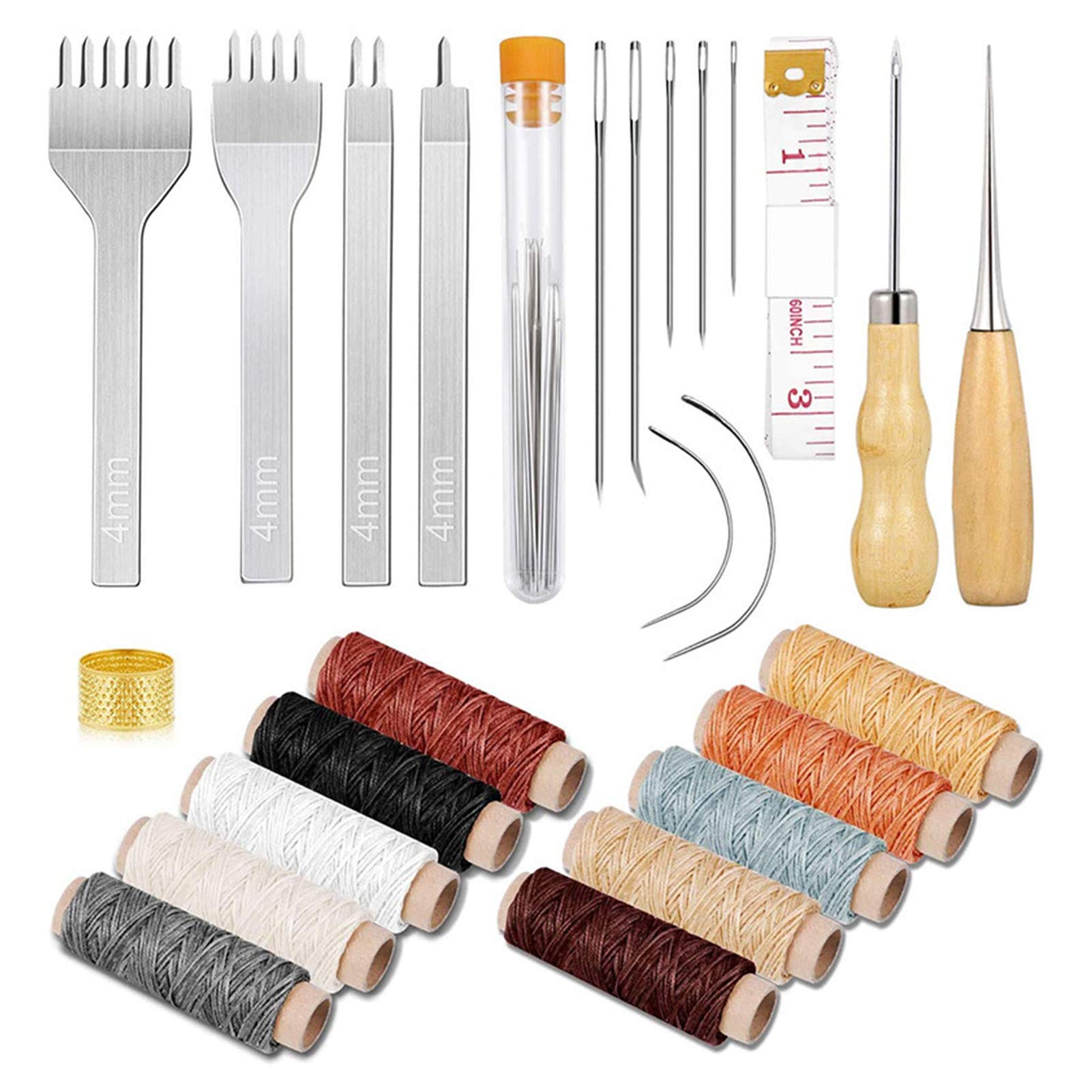 Tidyard 37Pcs Leather Waxed Thread Craft Tool DIY Sewing Accessories Leather Hand Sewing Needles Awl Sewing Thimble Tape Measure for Leather Carpet Canvas DIY Sewing