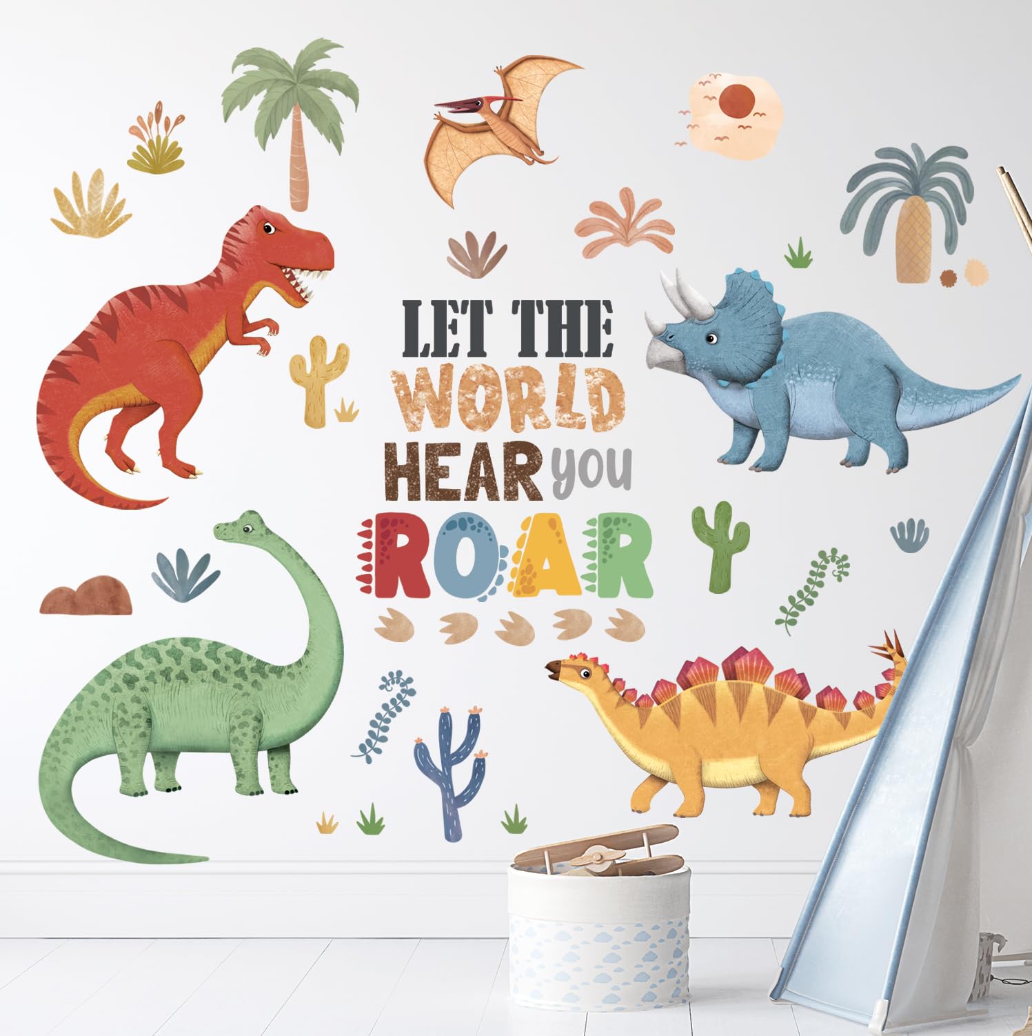 DECOWALL Boho Dinosaur Wall Stickers Dino Palm Tree Wall Decals Boys Bedroom Kids Room Classroom Home Décor (SG2-2425)