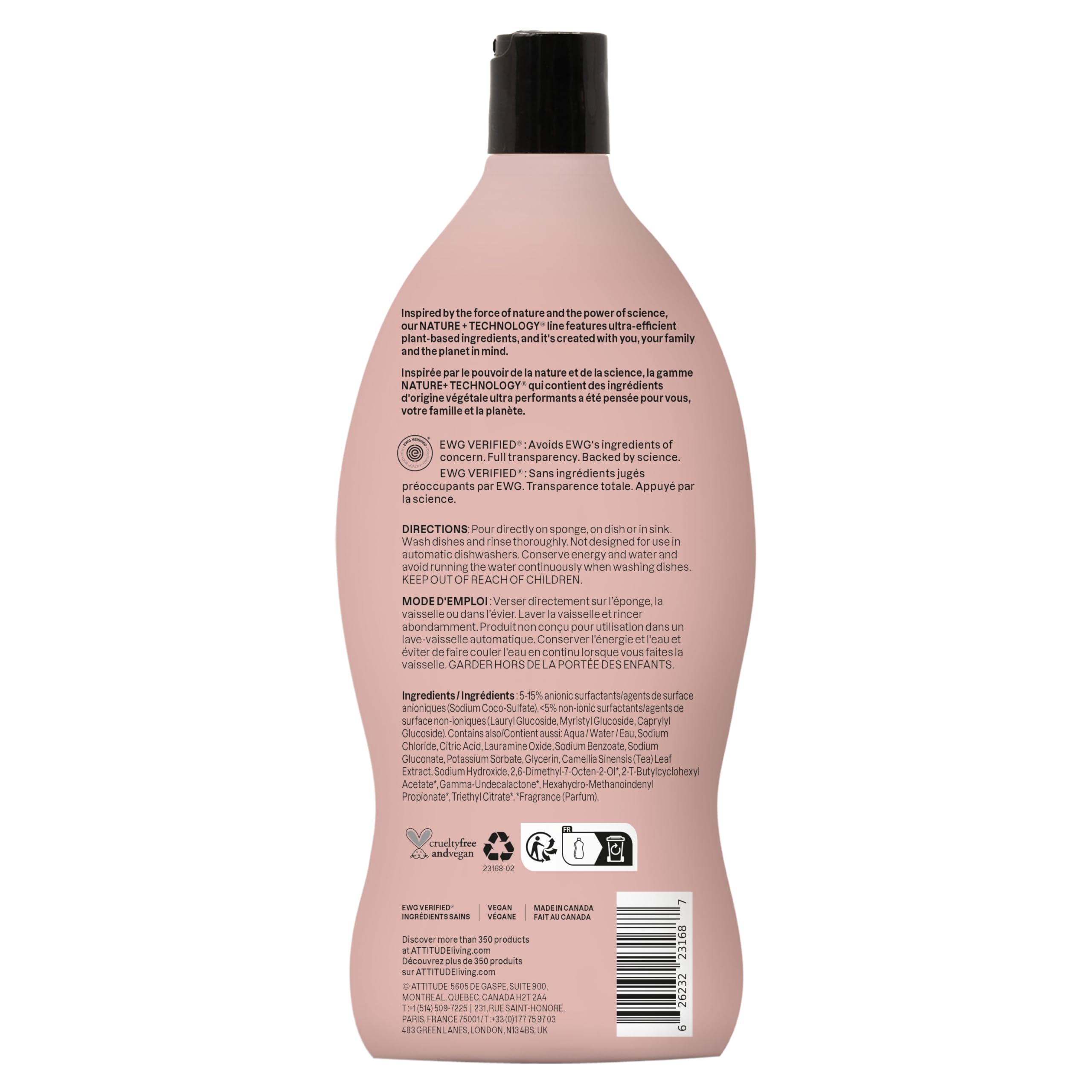 ATTITUDE Liquido per piatti, verificato EWG, sapone per piatti vegano, a base vegetale, prodotti derivati naturali, pera inglese, 709 ml