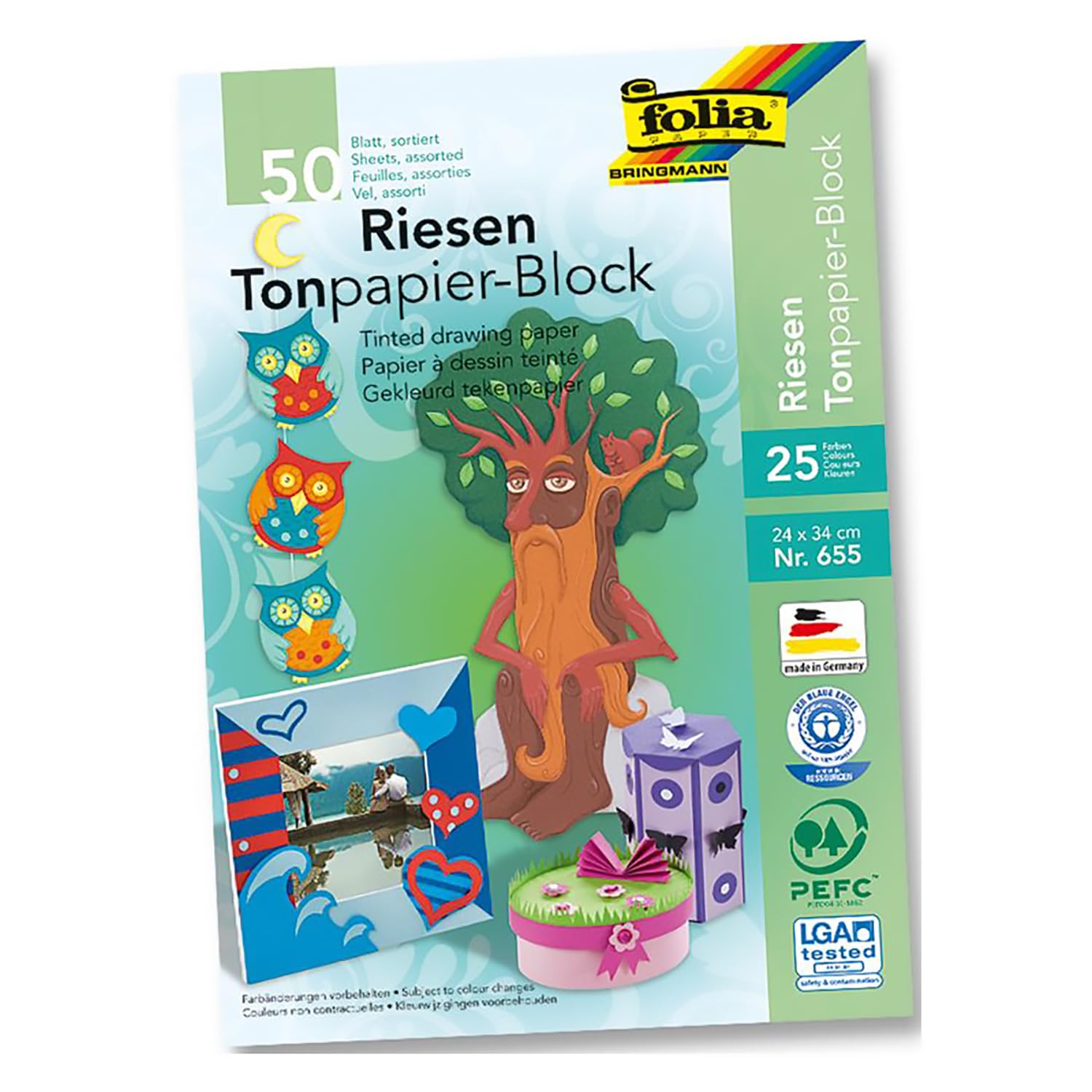 Folia 655 Tonpapierblock – bunt sortiert, 50 Blatt, 24 × 34 cm, 130 g/m²