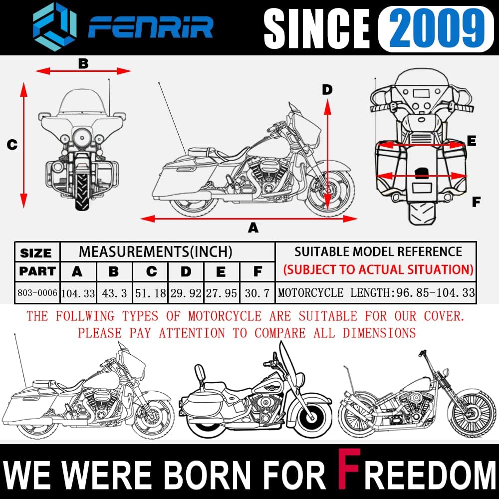 FENRIR 104" Motorcycle Cover Waterproof Outdoor Storage Compatible with Harley Davidson Street Glide Road Glide Electra Glide Road King Indian Challenger Chieftain Springfield R18B Honda Golde Wing