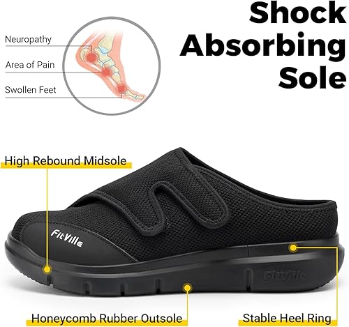 Miniatura 4 de FitVille Zapatos para diabéticos para hombre, sin cordones, para pies hinchados, extra anchos, ajustables, zapatos para caminar para fascitis