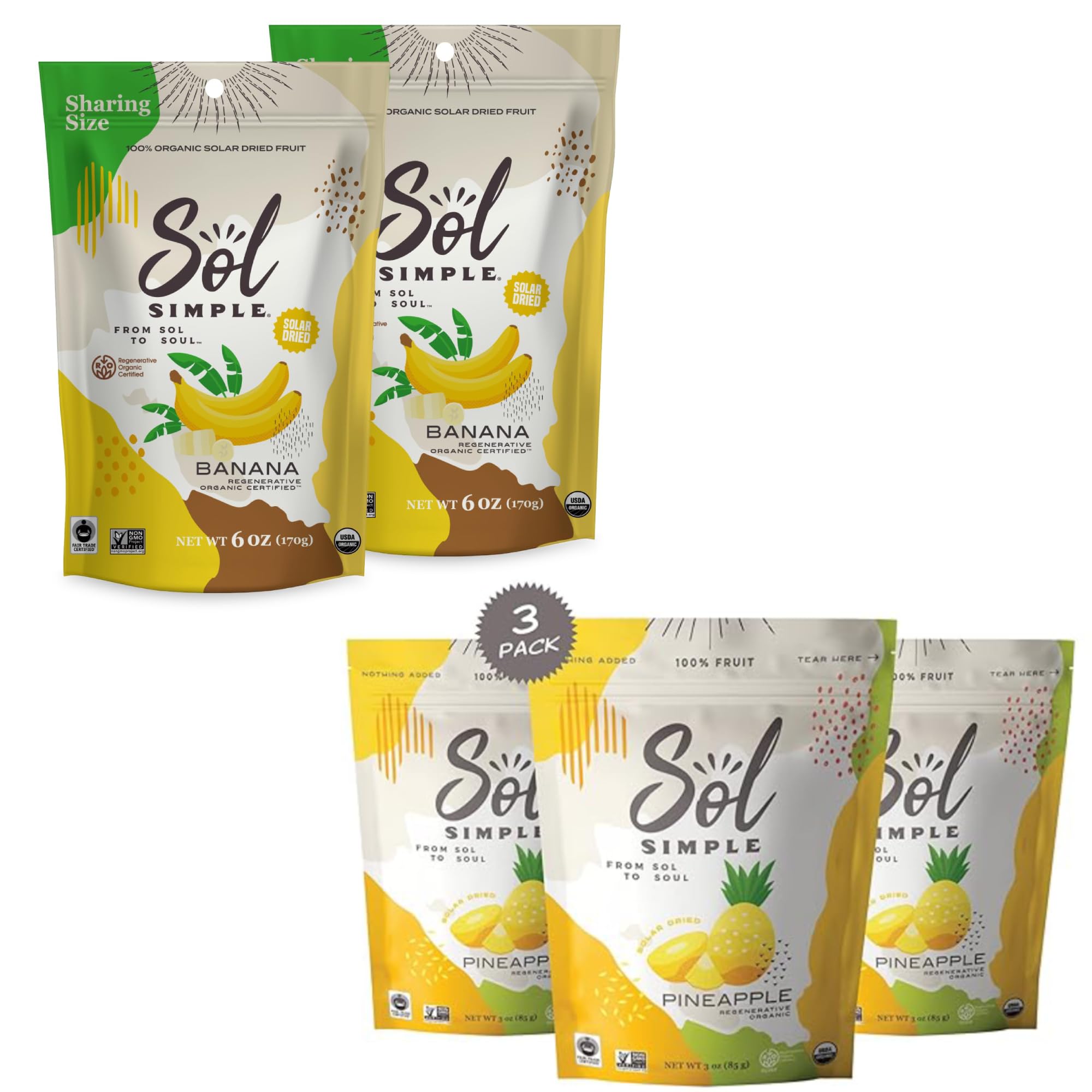 SOL SIMPLERegenerative Organic Certified™ Dried Banana and Pineapple | Vegan | Non-GMO | No Added Sugar | Fair Trade | Dried Fruit | Organic