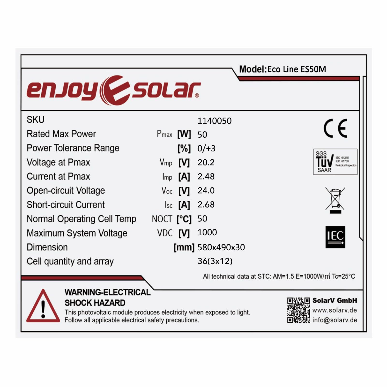 Panel Solar Monocristalino 50W 12V 182mm 10 Busbars