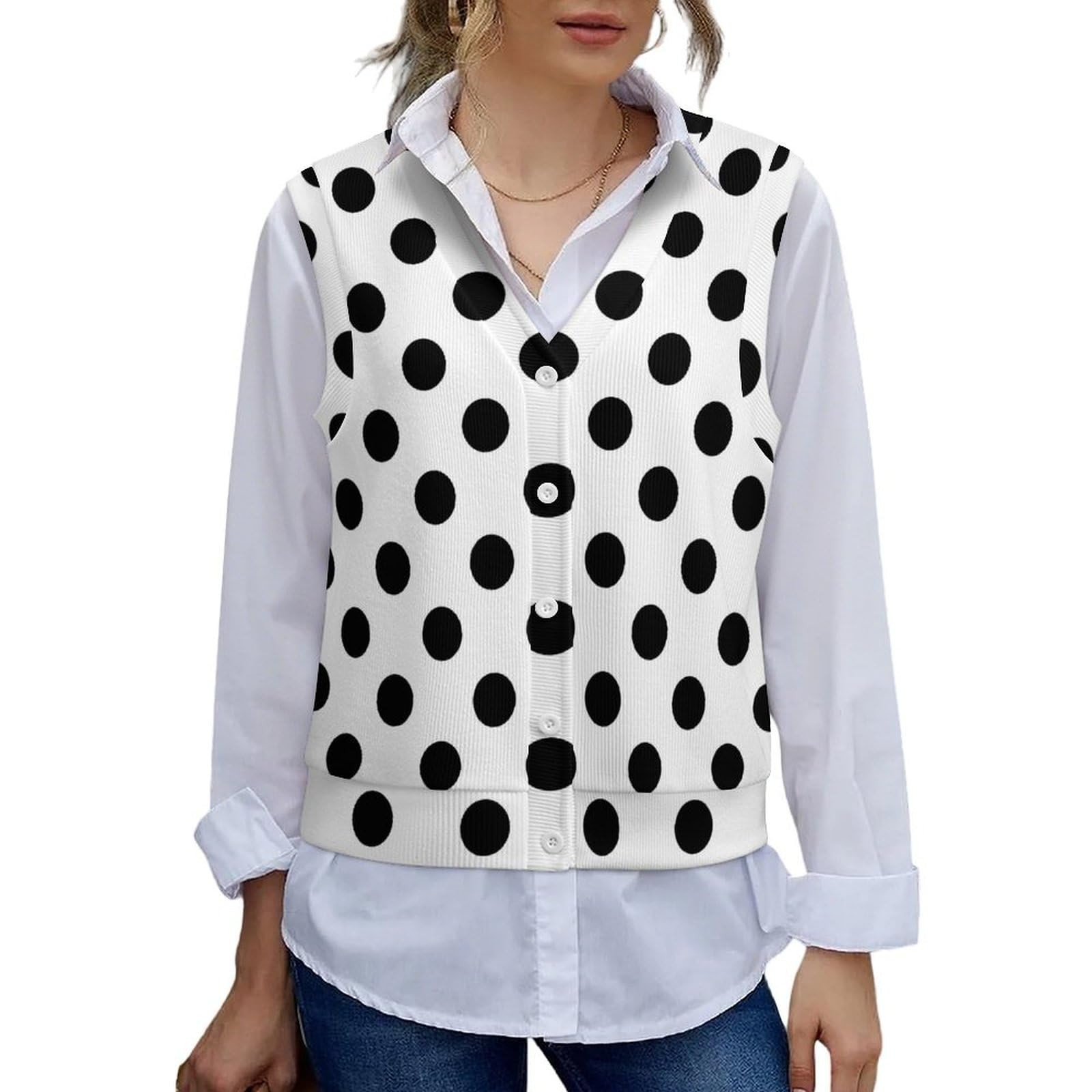 peiyeety Black White Polka Dot Women V Neck Sweater Vest Knit Sleeveless Cardigan S-2XL