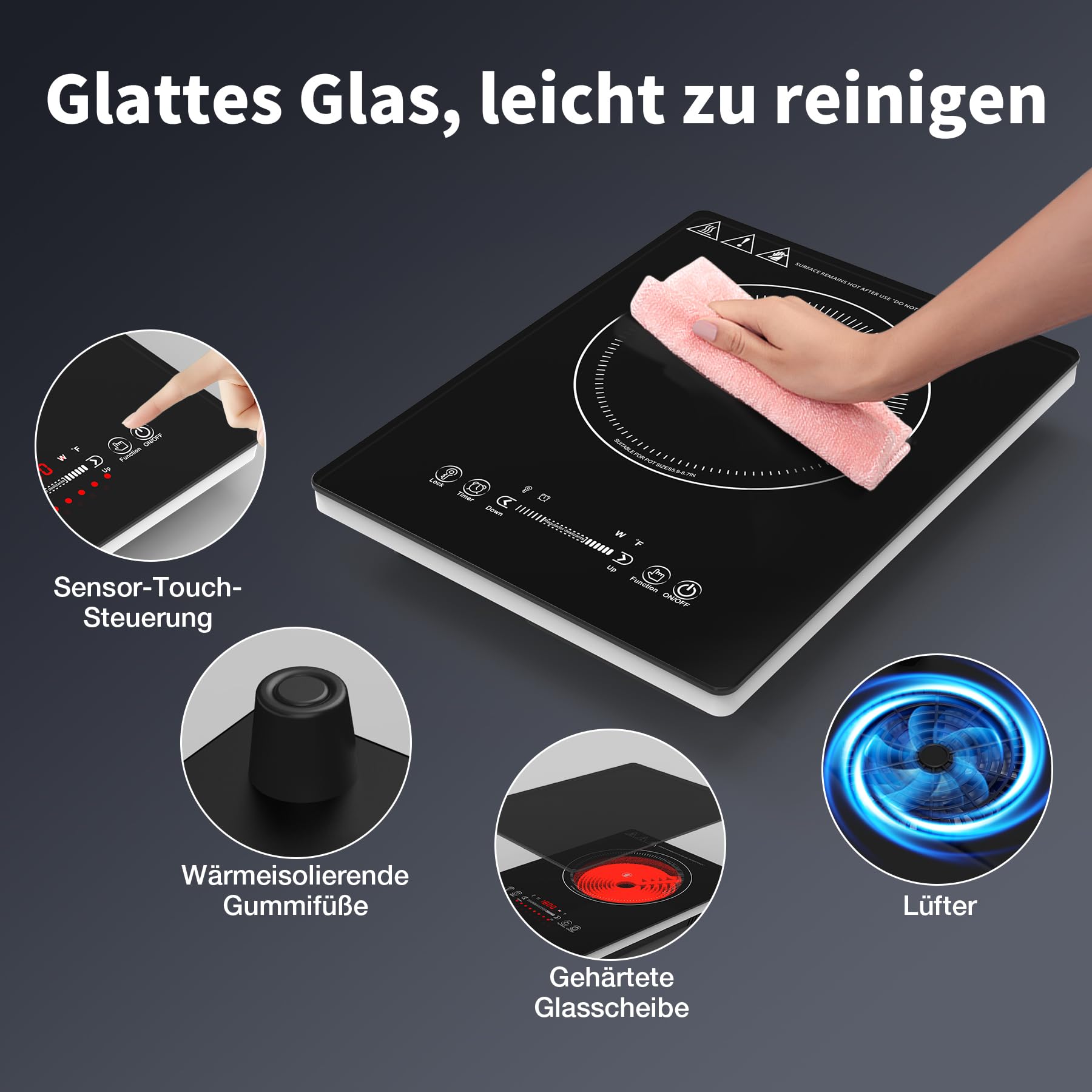 VBGK Cerankochfeld 1 Platte, 220V, 2000W glaskeramikkochfeld Cerankochfeld mit LED-Touch-Steuerung, 10 Leistungsstufen, 4-Stunden-Timer, Sicherheitsverriegelung