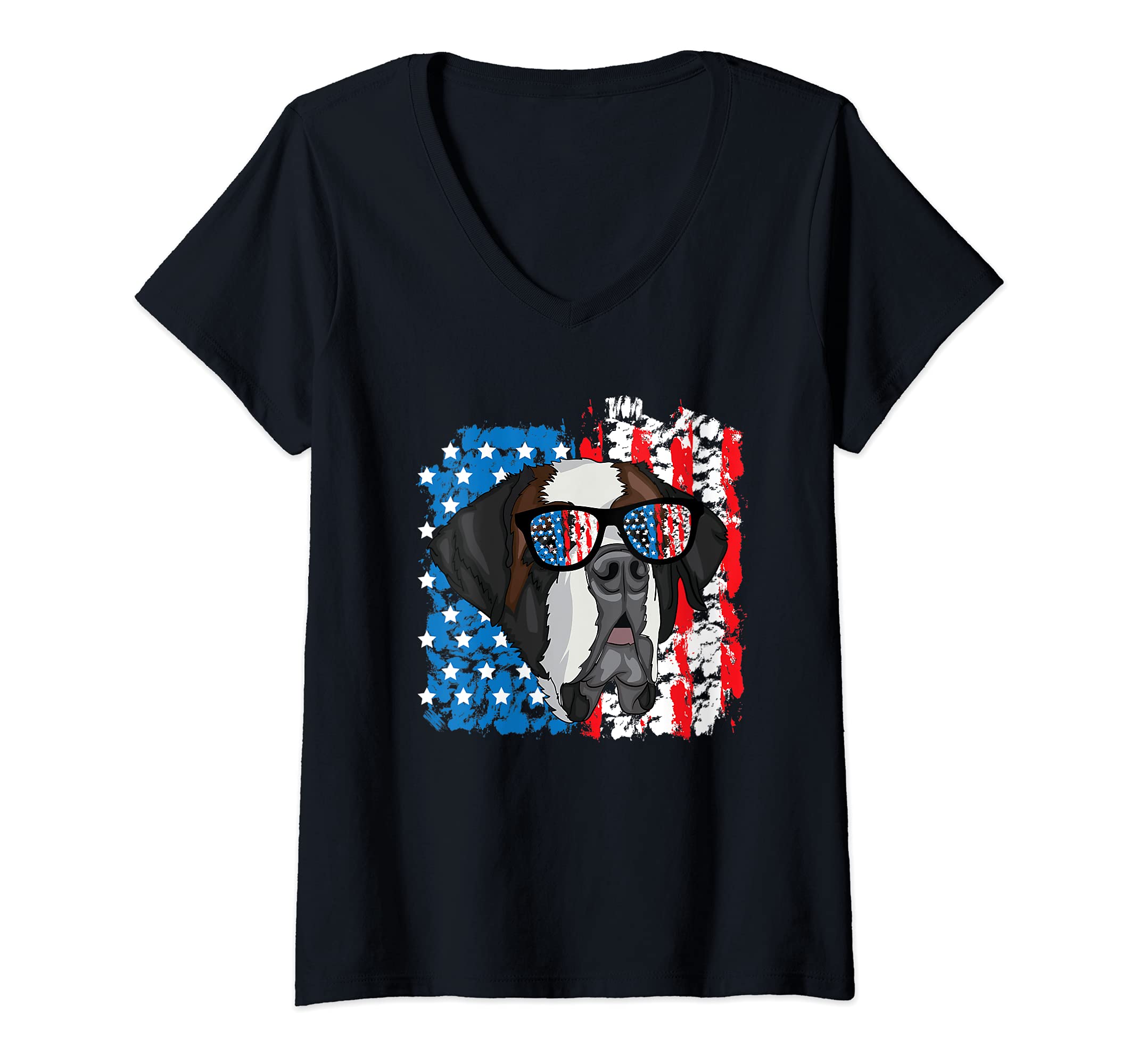 Womens 4th of July Dog Patriotic Saint Bernard Dog with Sunglasses V-Neck T-Shirt, Black