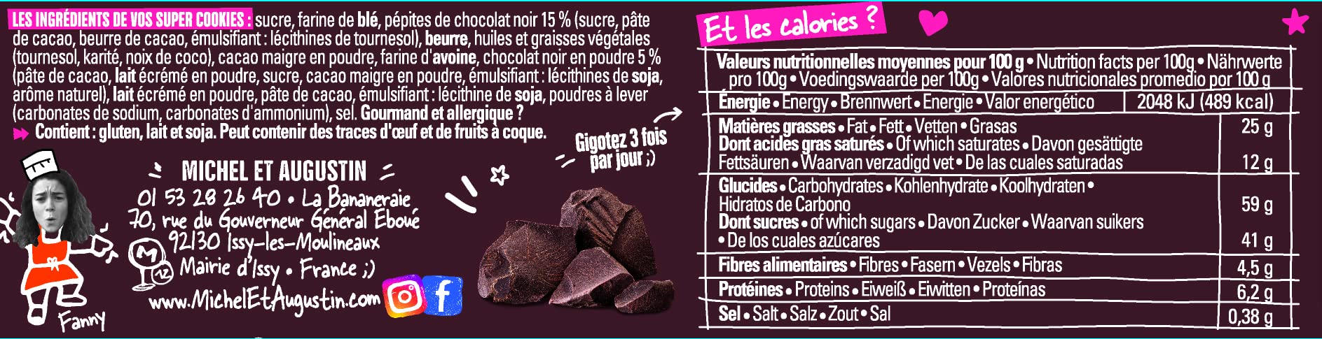 Michel et Augustin - Cookies Cœur Fondant au Chocolat Noir et Pépites de chocolat - Cookies au Cœur Fondant - 180g Lot de 3
