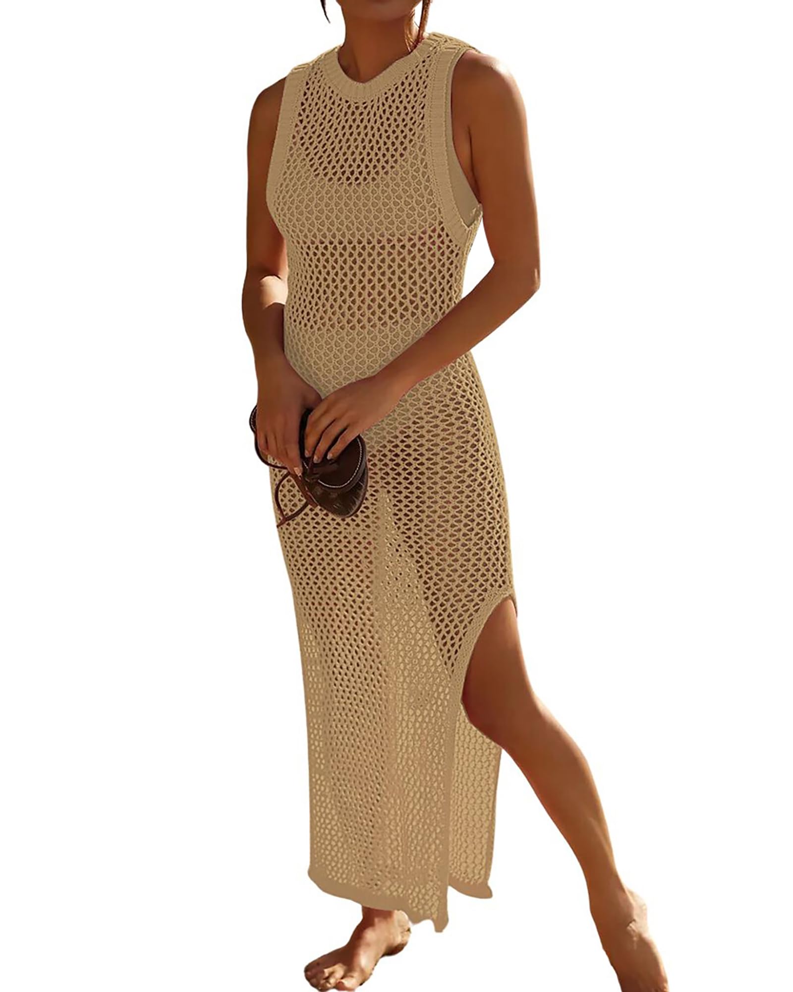 Crochet Swim Coverup Sleeveless Knitted Cover Up Dress Backless Bikini Beach Dress
