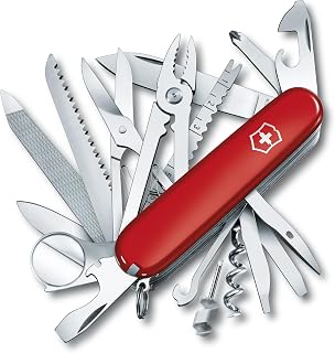 Swiss Champ Swiss Army Knife, 33 Functions, Swiss Made Pocket Knife with Large Blade, Screwdriver, Chisel and Combination Pliers - Red