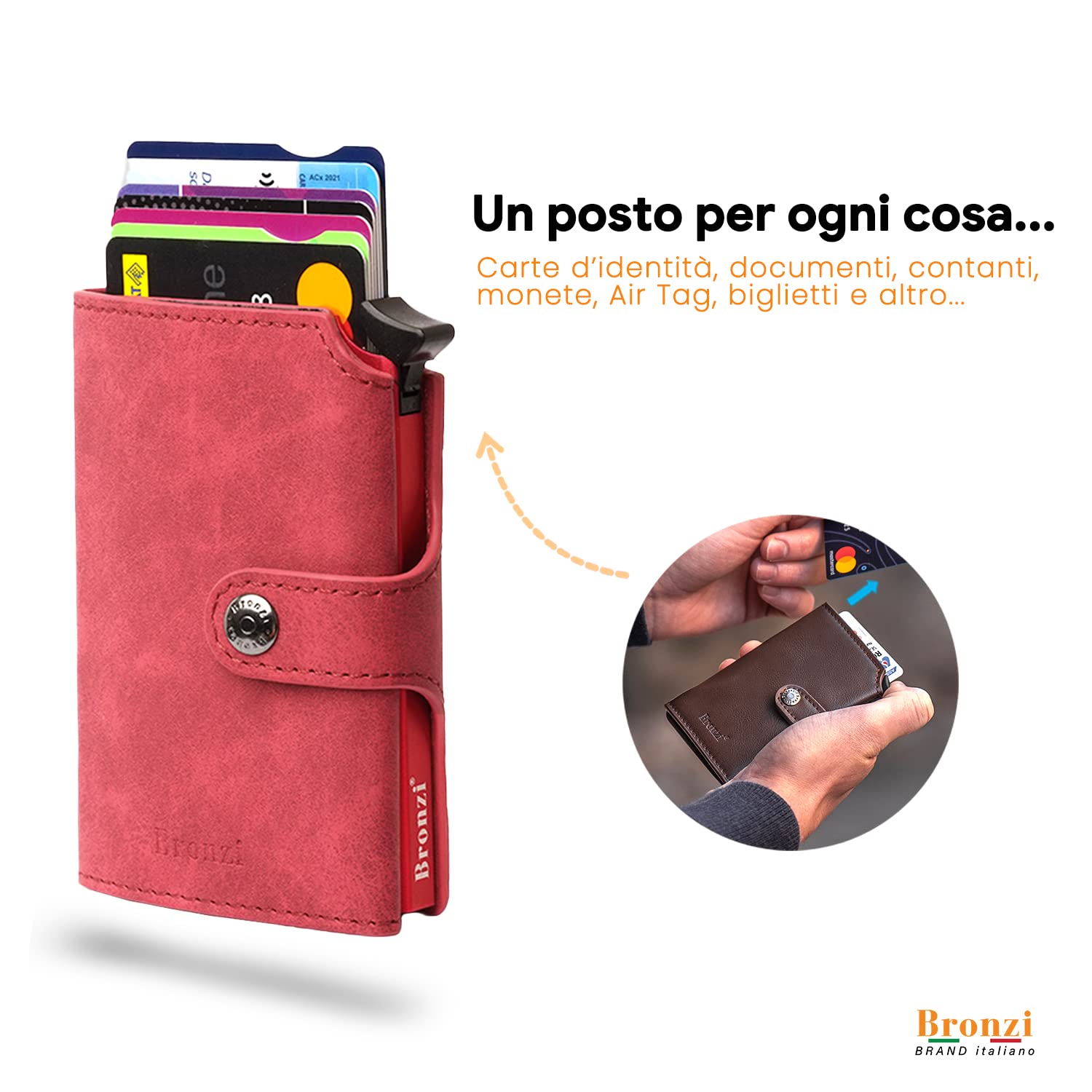 Bronzi Portafoglio Portafoglio Uomo Slim - In Pelle Marrone - Porta Carte Credito - Portacarte uomo - Mini Porta Tessere (Rosso)