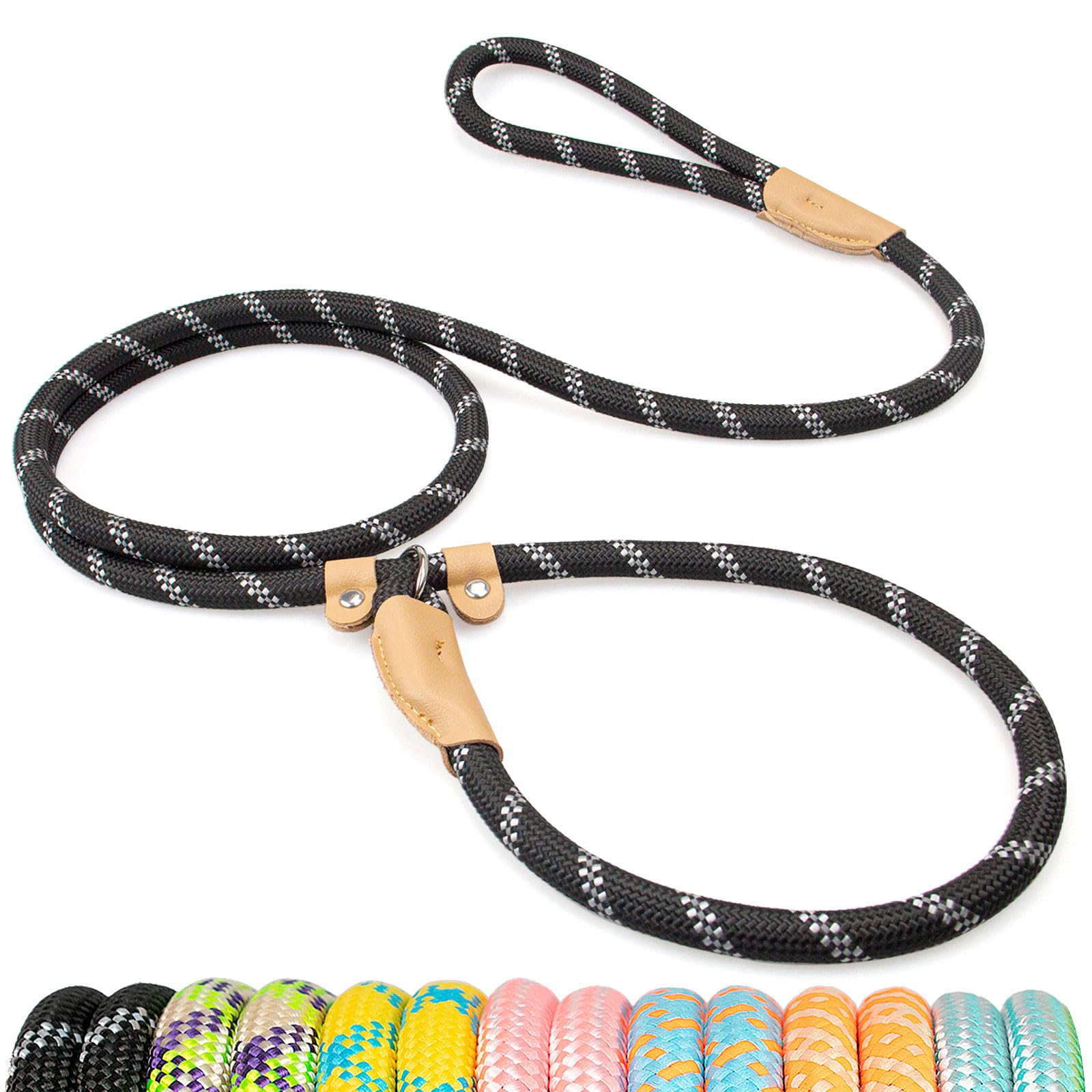 POUPUA Durable Slip Leads for Dogs, Heavy Duty Strong Rope Slip Leash for Large, Medium Dogs No Pull Training Leashes (Black, 3/8" x 6 FT (0~30 lbs.))