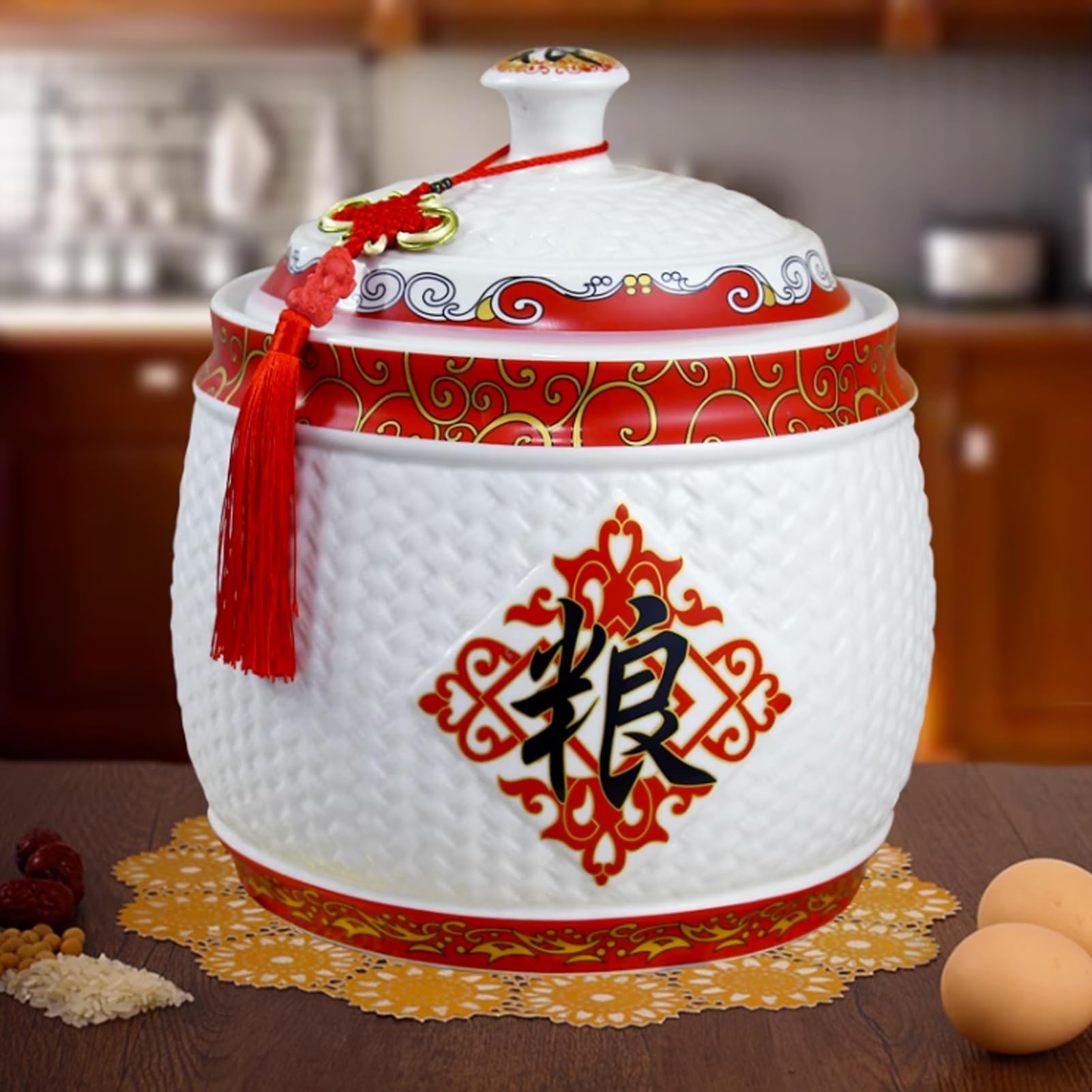 YVYKFZD Tanque de Arroz de Cerámica, Botes Cocina Almacenaje clásico, Recipientes for Alimentos Caja de Almacenamiento de Arroz con tapa, Recipientes for Cereales de cocina, for harina, nueces(White B