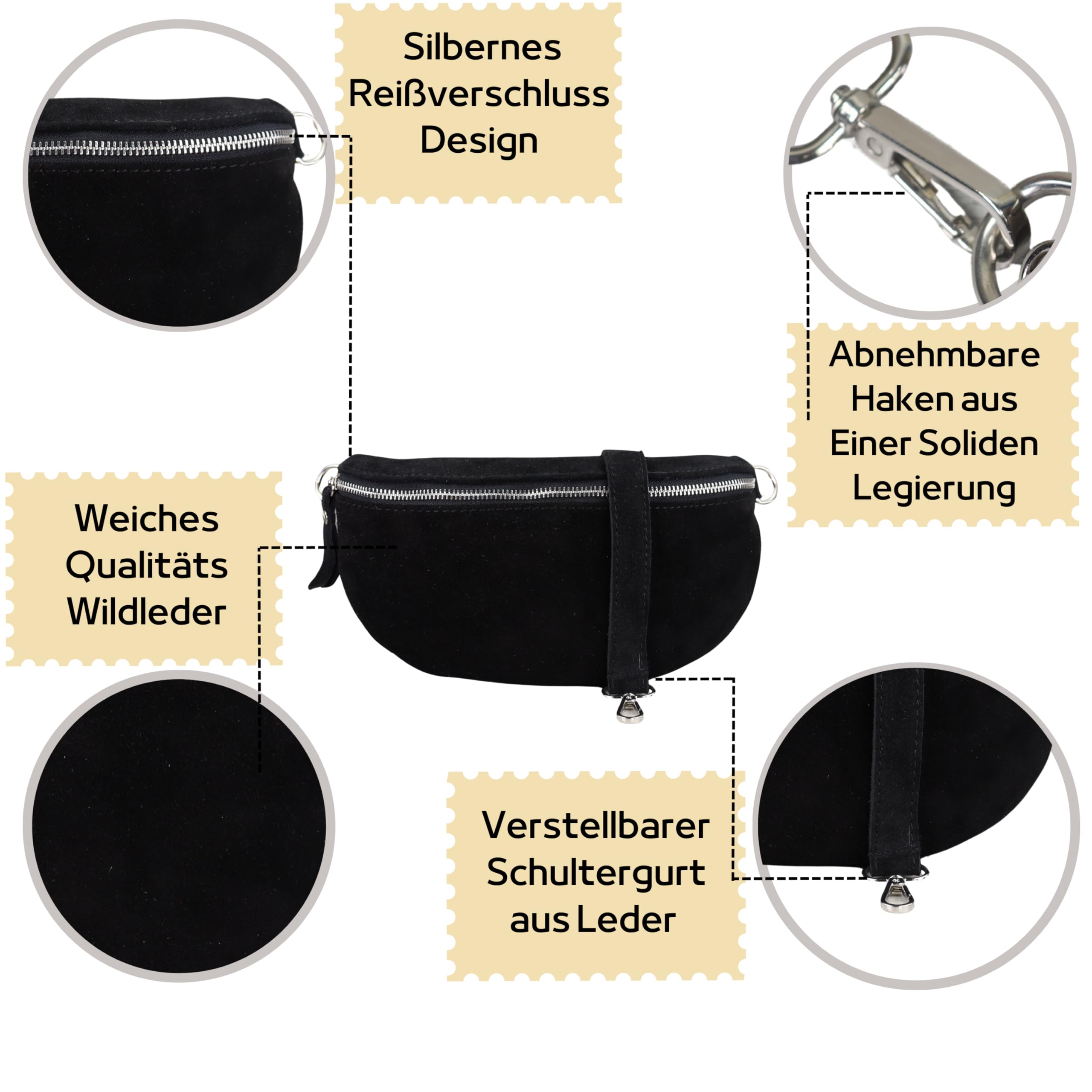 BLADE Bauchtasche Damen, Handgemachte Wildledertasche, Crossbody Bag, Gürteltasche Echtes Leder mit Ledergurt, 3 Größen, Stylische Umhängetasche aus Italien, Geschenk für Sie, Ledertasche-Schw
